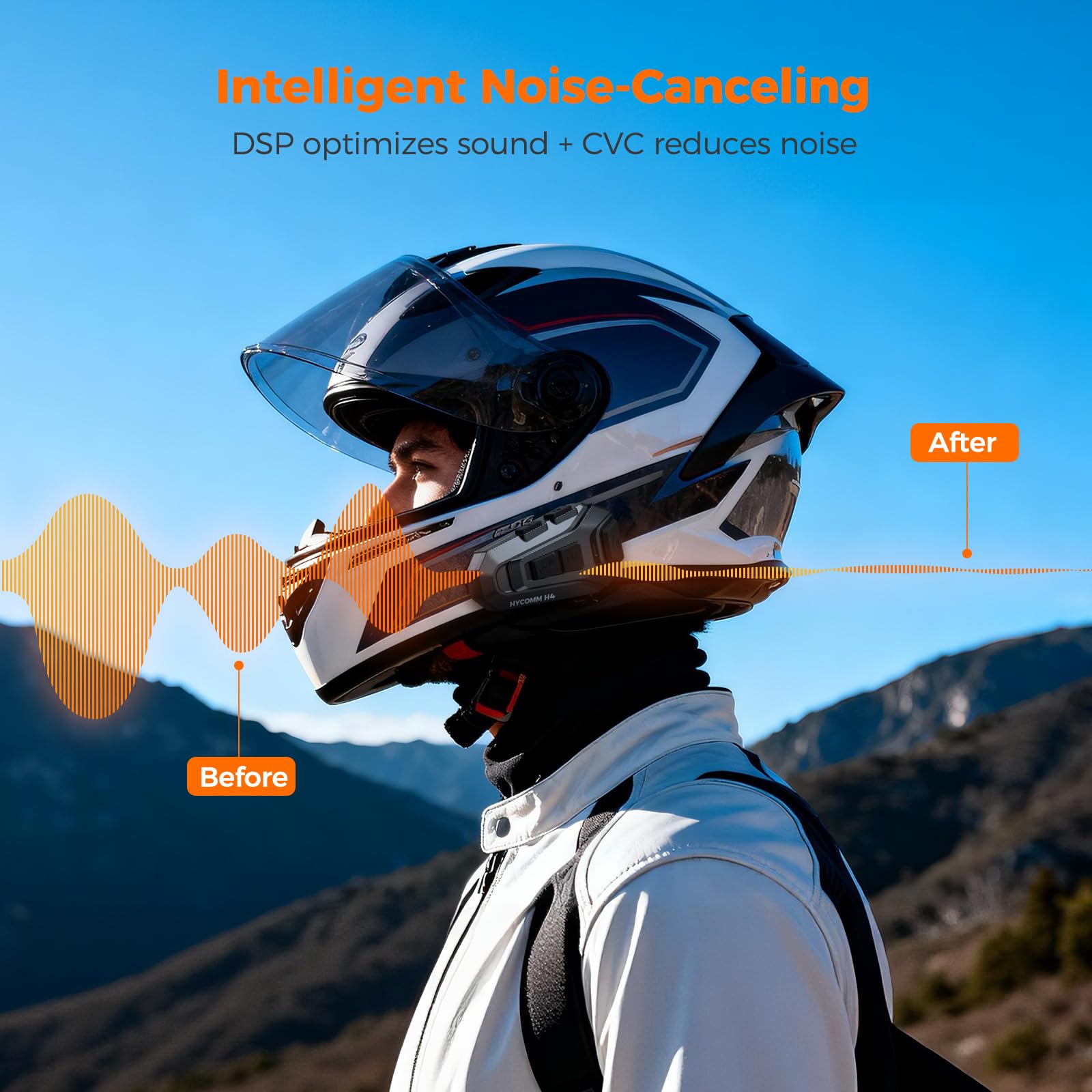 H4 Intercomunicador Casco Moto Bluetooth de 4 Vías con Alcance de hasta 2000 m, Audio Multitarea, Batería de 35 h, Cancelación de Ruido DSP, IP67 Impermeable, Radio FM, Pack de 2