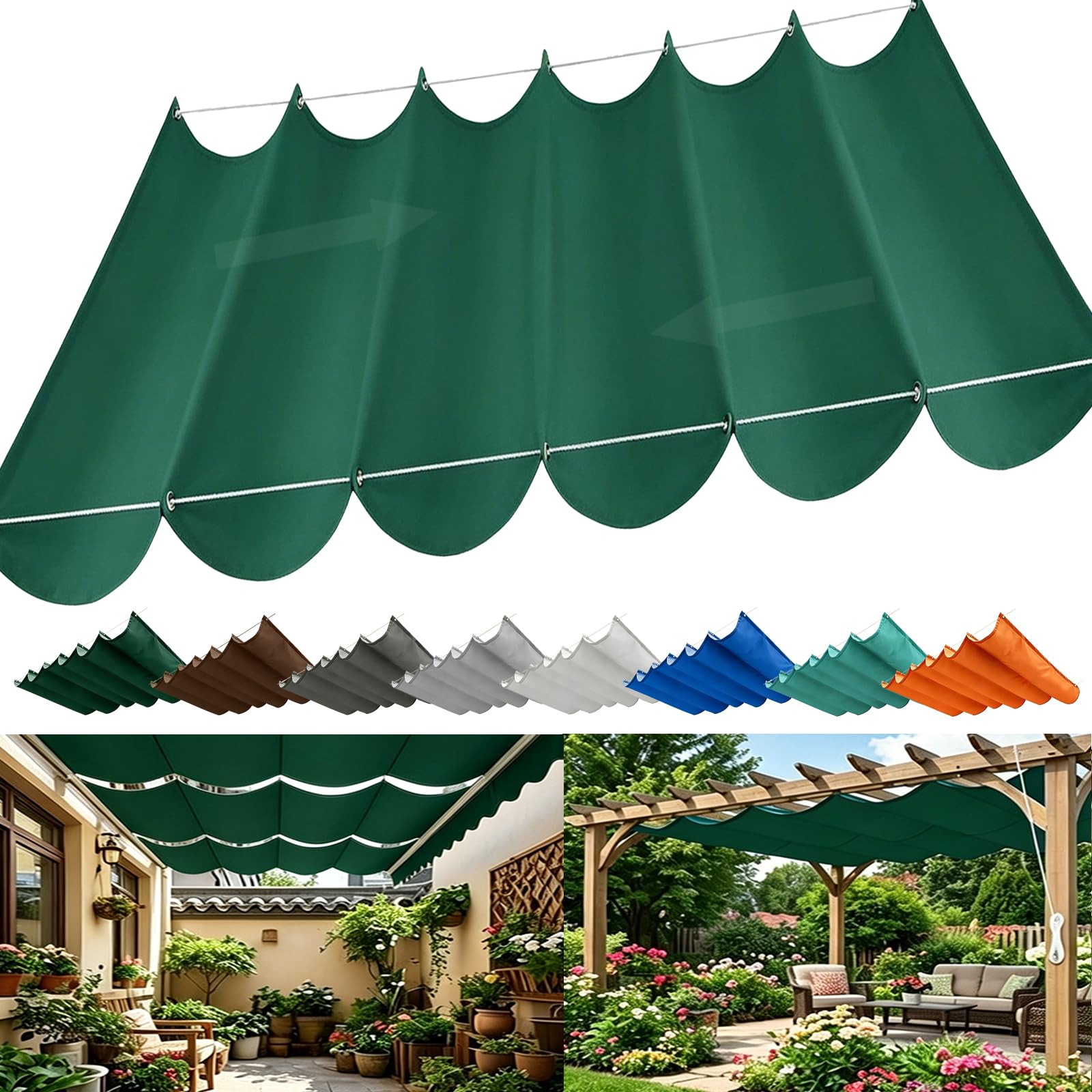 Retractable Wave Sun Shade Sail, Sun Protection Waterproof Wave Awning Canopy with Eyelets and Rope, Outdoor Pergola Adjustable Shade Cover for Yard Deck Lawn Garden Patio-Dark green||150x650cm