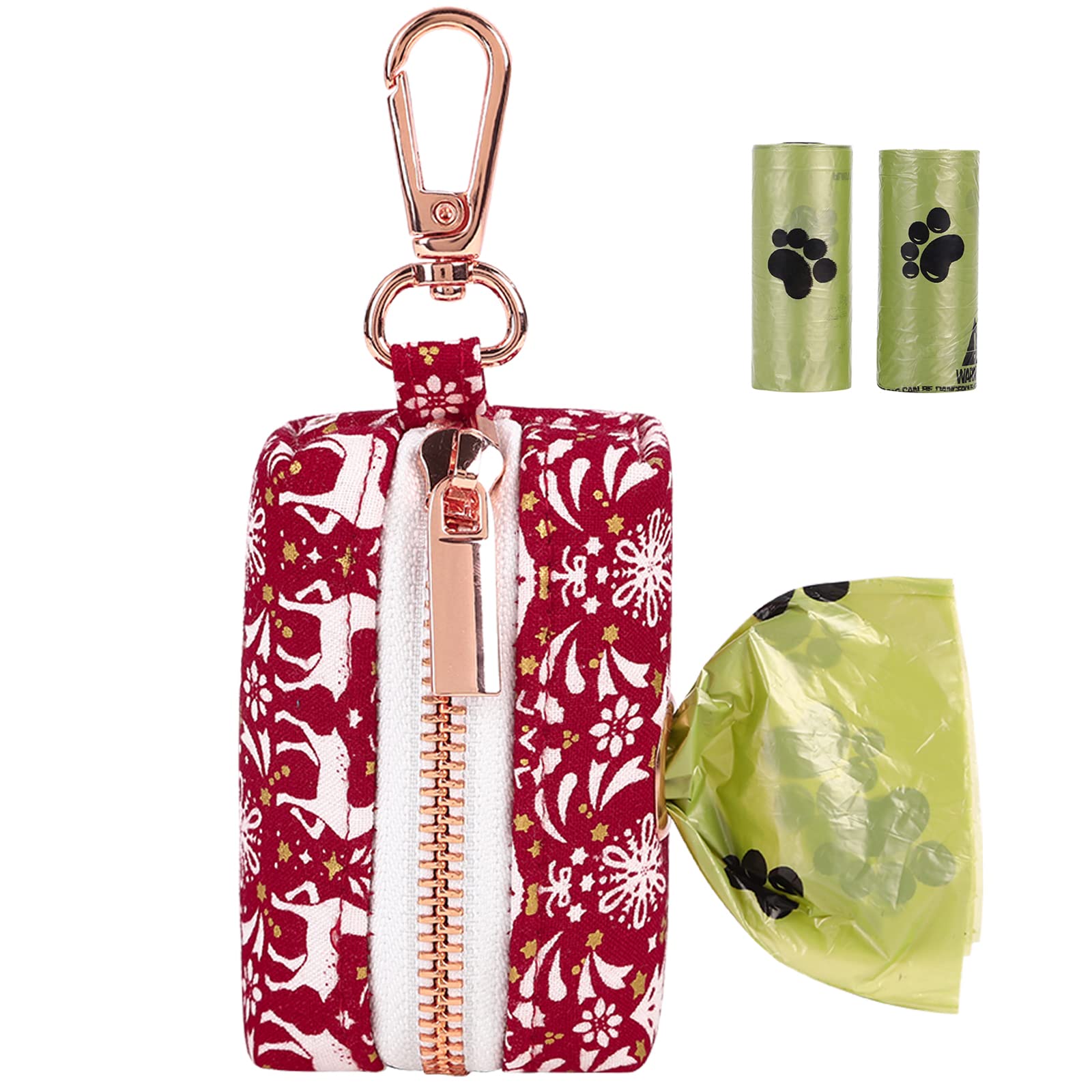 ARING PET Dog Waste Bag Dispenser, Cotton Doggy Poop Bags Holders Attach to Any Leashes, Portable Washable Christmas Pet Waste Pouch Dispenser with Metal Zipper