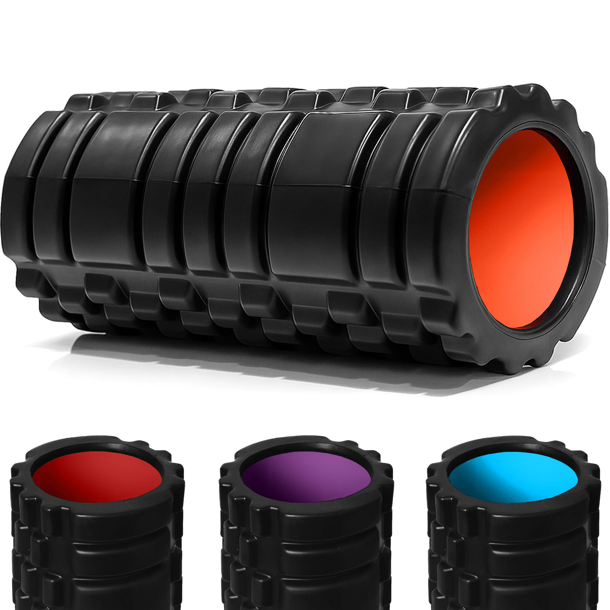 unycos - Faszienrolle (33x14 cm), Fitness-Rolle mit 3D Texturmassage und 50 Übungen E-Book, Hartschaumrolle zur Selbstmassage, Belastbar 150 kg, Massagerolle für Funktionales Training (Schwarz/Orange)