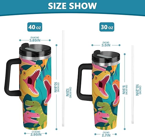 Miniatura 3 de Botellas de agua de 40 onzas de boca ancha con diseño de dinosaurios de dibujos animados coloridos con popote, resistente a las fugas, taza aislada