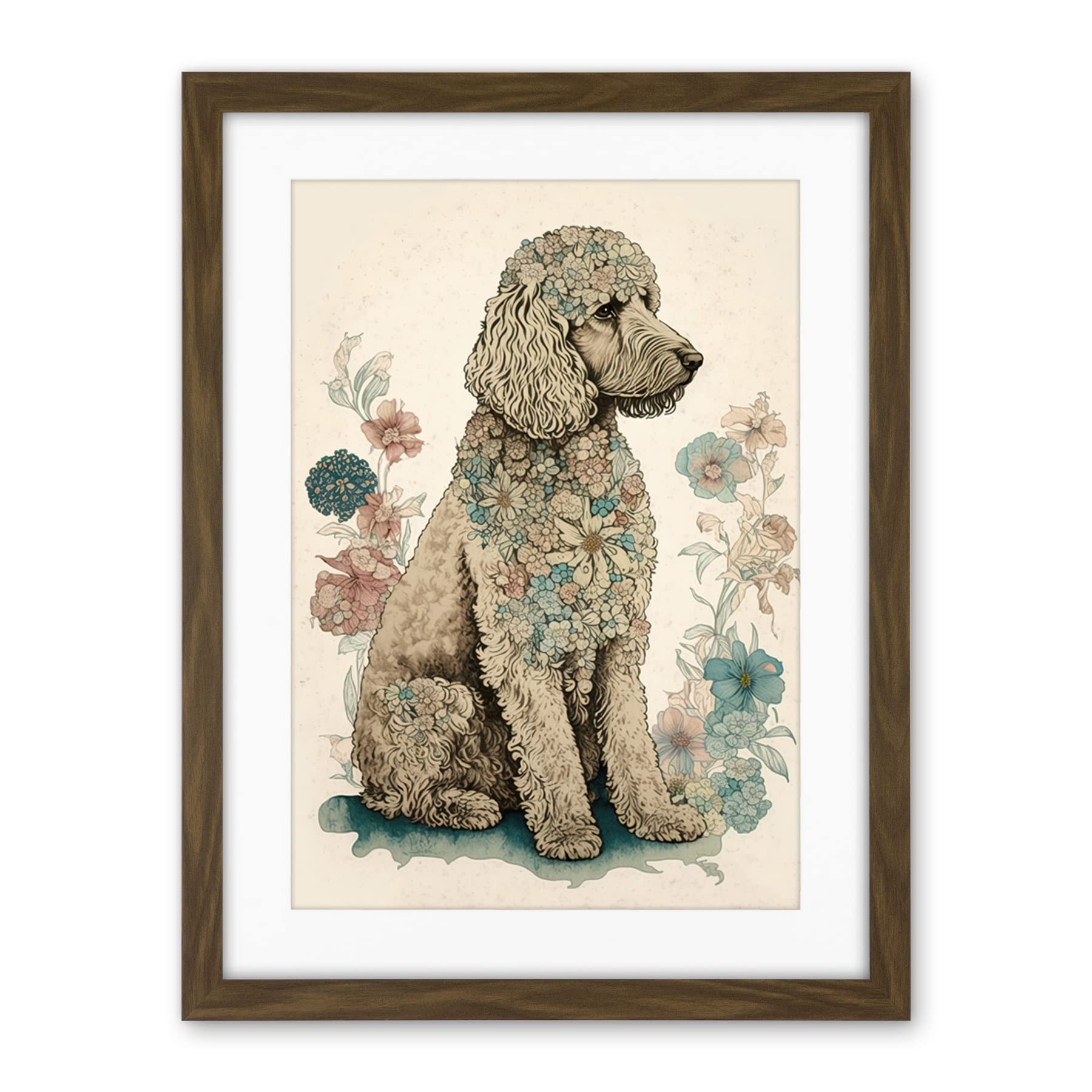 Artery8 Poodle Dog with Flower Fur Coat Modern Boho Watercolour Illustration Artwork Framed Wall Art Print 18X24 Inch