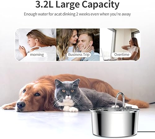 Miniatura 8 de Tomxcute Fuente de agua para gatos de acero inoxidable, dispensador automático de agua para mascotas, bomba ultrasilenciosa y 1 filtro de repuesto
