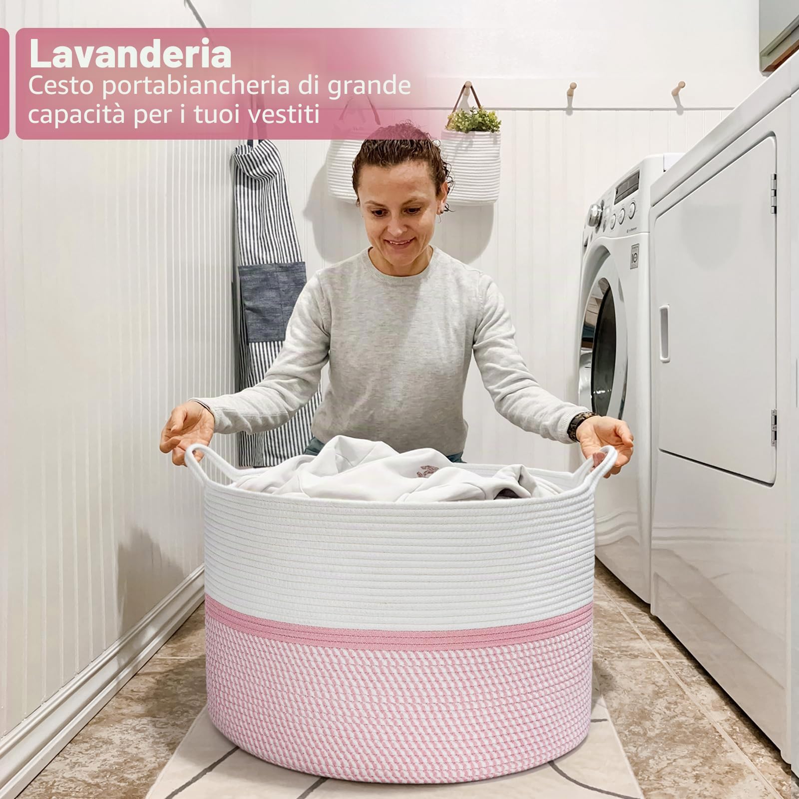 Cesto portaoggetti XXL extra large in corda di cotone intrecciato, con manici, cestino decorativo rosa per vestiti, 55,9 x 55,9 x 35,6 cm