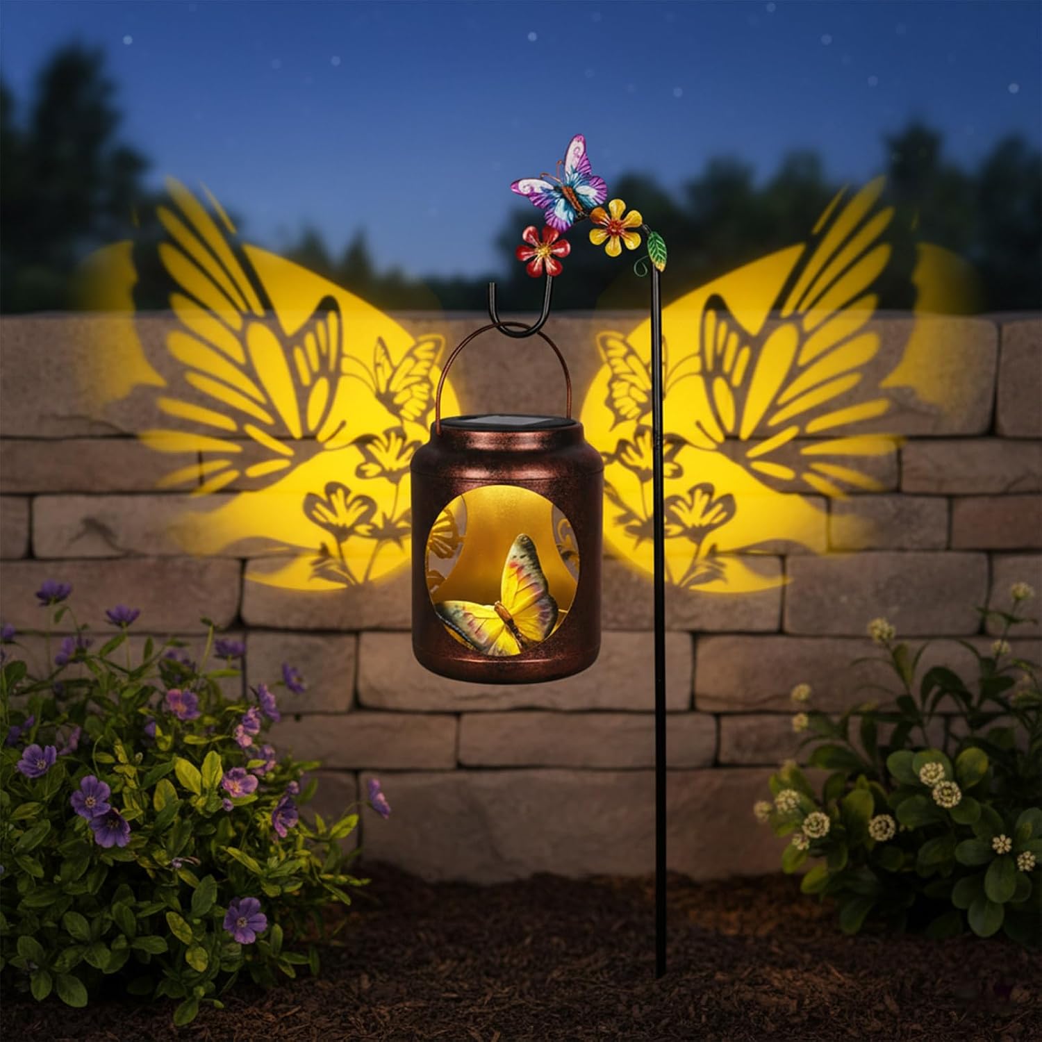 Butterfly Gifts for Women Mom Grandma,Metal Solar Lantern with Shepherds Hook & Resin Butterfly Statue Inside,Solar Garden Decorations Outside for Yard, Patio, Backyard, Porch