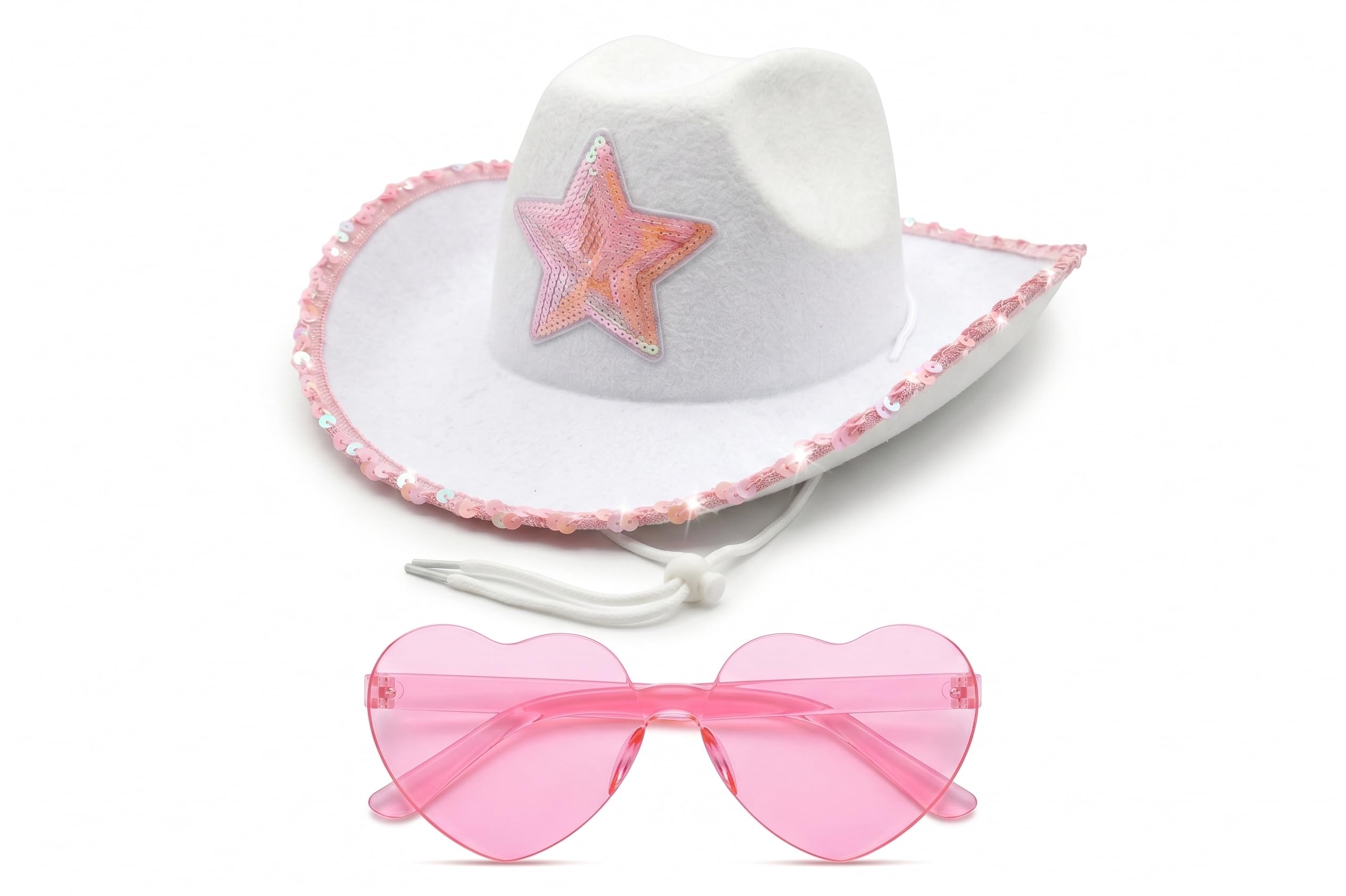 Star Cowboy Hat and Heart Glasses Cowgirl Accessories for Women Country and Western Fancy Dress - Sequin Cowgirl Hat and Heart Shaped Glasses Cowboy Accessories for Women Wild West Fancy Dress (White)