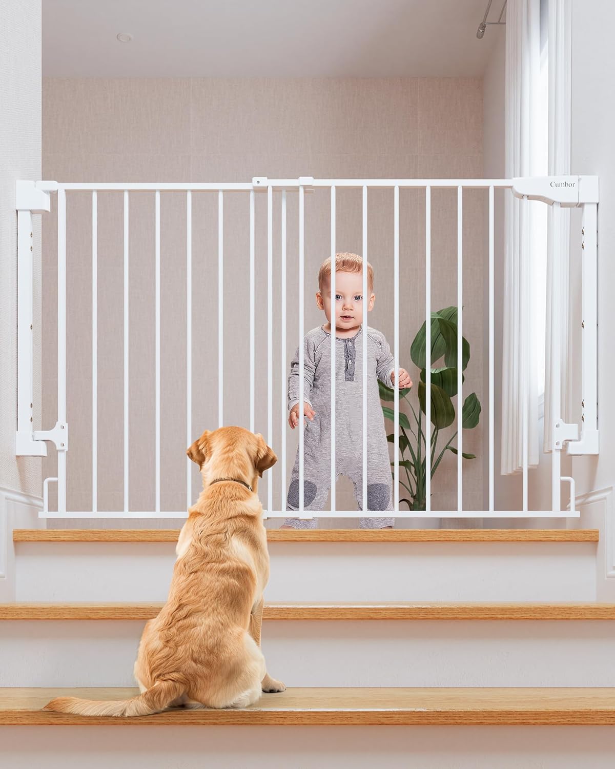 Cumbor 31.6-48" No Bottom Bar Baby Gate for Stairs, 2-in-1 Auto Close Dog Gate Indoor, Hardware Mounted Pet Gate for Doorways with Large Walk Thru Door, Child-Proof Safety Gate for Kids (White) White 31.6-48" W, 28" H