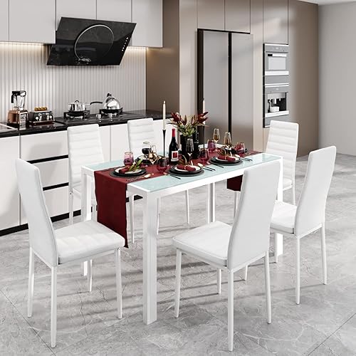 Miniatura 2 de Conjuntos de mesa de comedor de vidrio Gizoon para 6, juego de mesa de cocina y sillas de 7 piezas para 6 personas, conjuntos modernos de comedor de