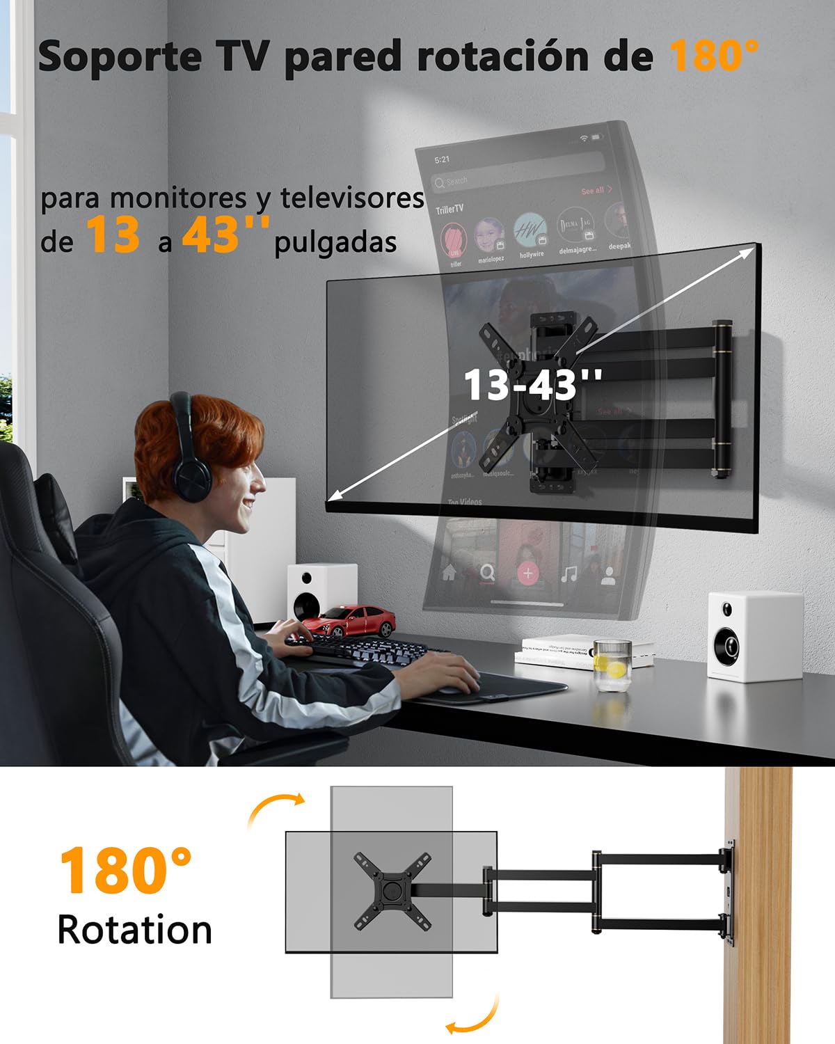 Soporte TV Pared con 1036mm Brazo Articulado para Pantallas Planas y Curvas de 13-43 Pulgadas, Soporte Pared TV Inclinable y Giratorio con 180° Rotación de Movimiento Completo, VESA 200x200mm