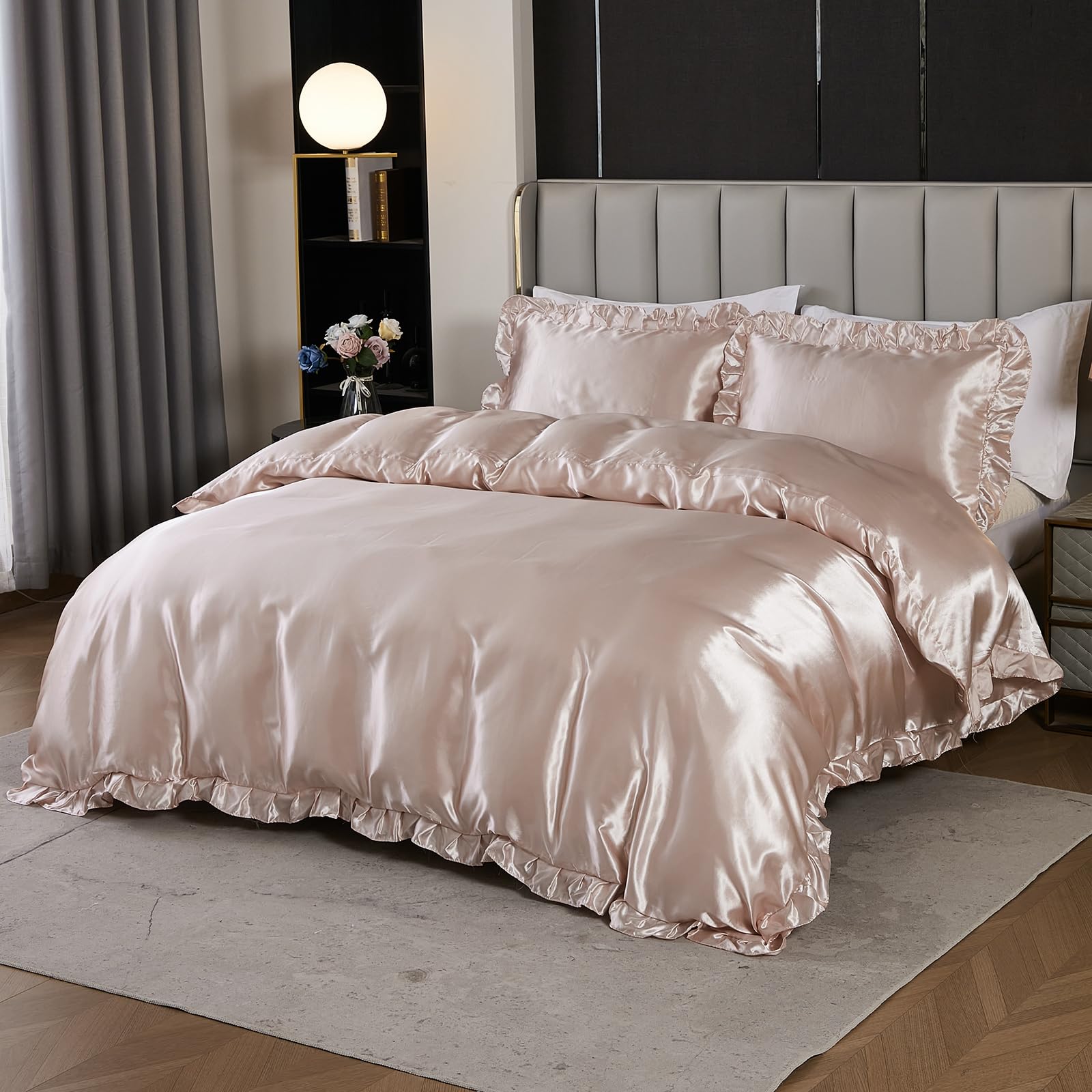 Herside Satin Ruffled Quilt Cover Champagne Pink Duvet Cover Set Single Size Silky Satin Ruffled Fringe Farmhouse Boho Bedding Sets 1 Duvet Cover 1 Pillowcase (Champagne Pink - Image 3