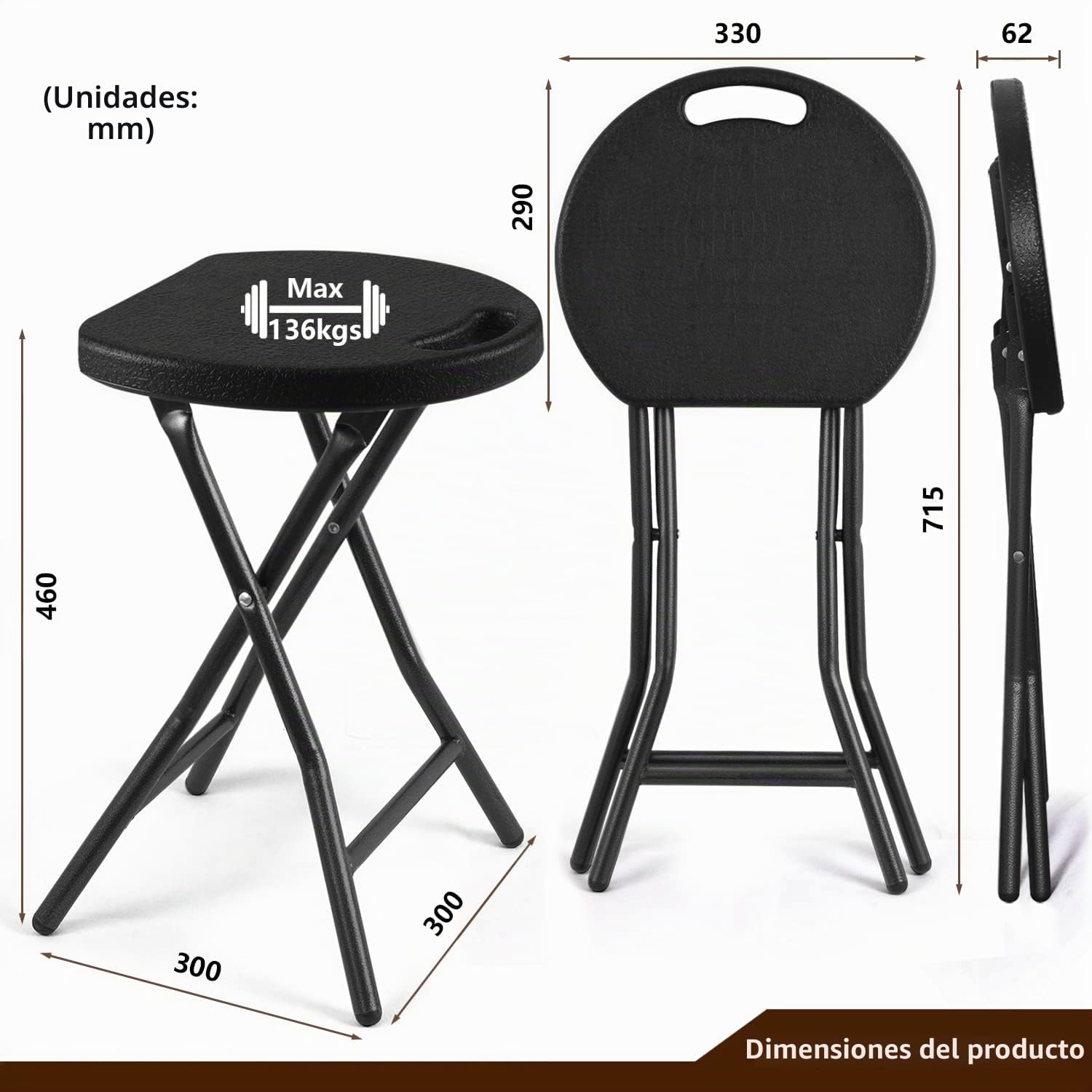Rfiver 2 Taburetes Plegables Portátil de Metal y Plástico, Taburetes Multiusos Multifuncional Alto para Bar Cocina Barbacoa Jardín Terraza | Negro, 2 Unidades, 30x30x46cm, Carga Máxima: 136KG