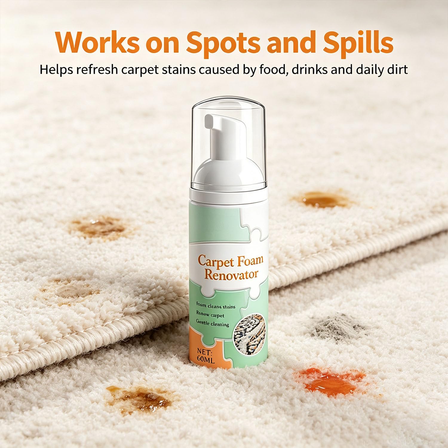 Waterless Carpet Foam Stain Remover, Teppichschaum-Renovator, Trockenreinigungs-Schaumreiniger mit Reinigungstuch, Fleckenentferner für Teppiche, Teppiche, Polster- und Stoffoberflächen (100ml*3PCS)