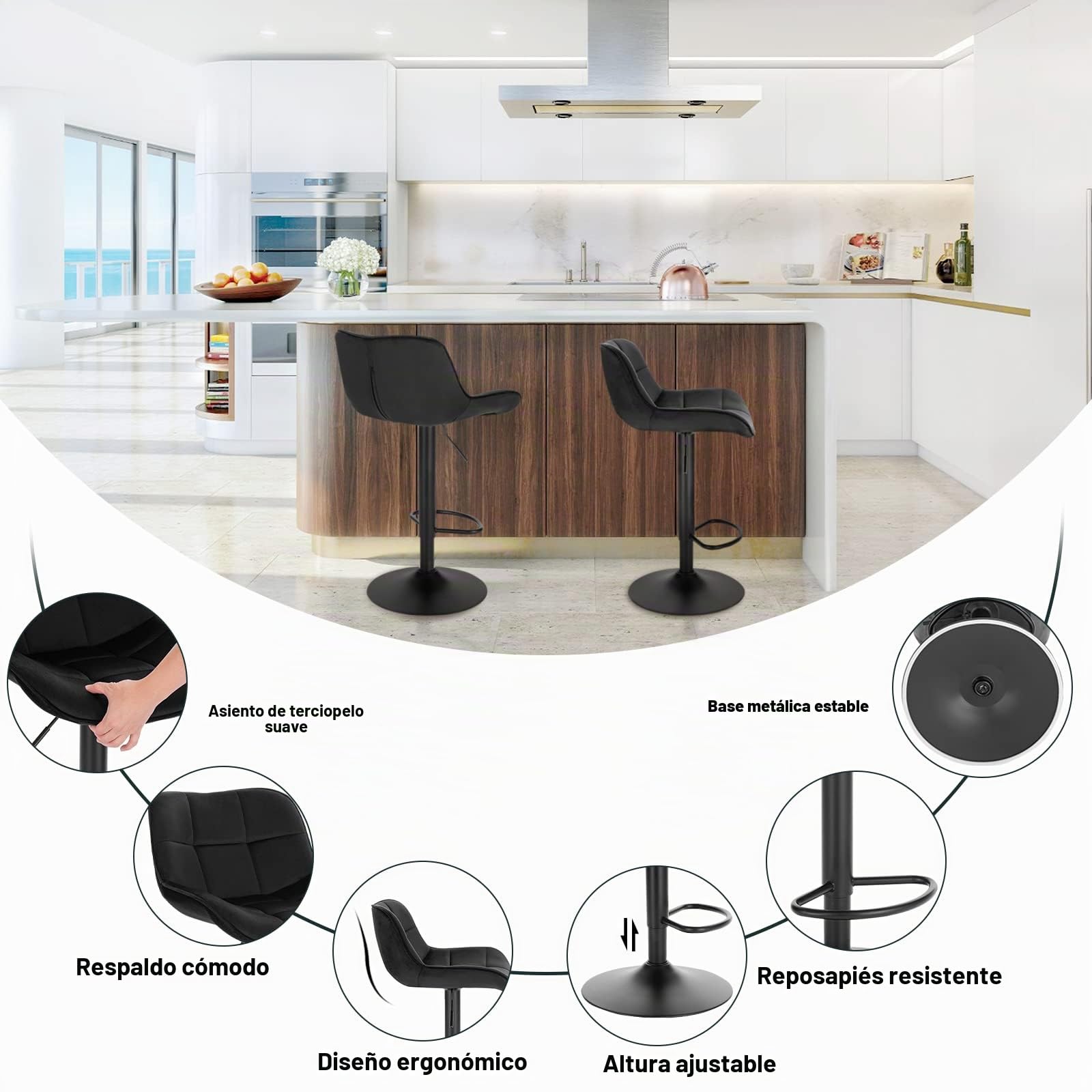 EUGAD Taburetes de Bar Giratorio con Respaldo y Reposapies, Negro | Taburetes Altura Ajustable 60-81,5 cm, para Bar y Cafetería, Terciopelo