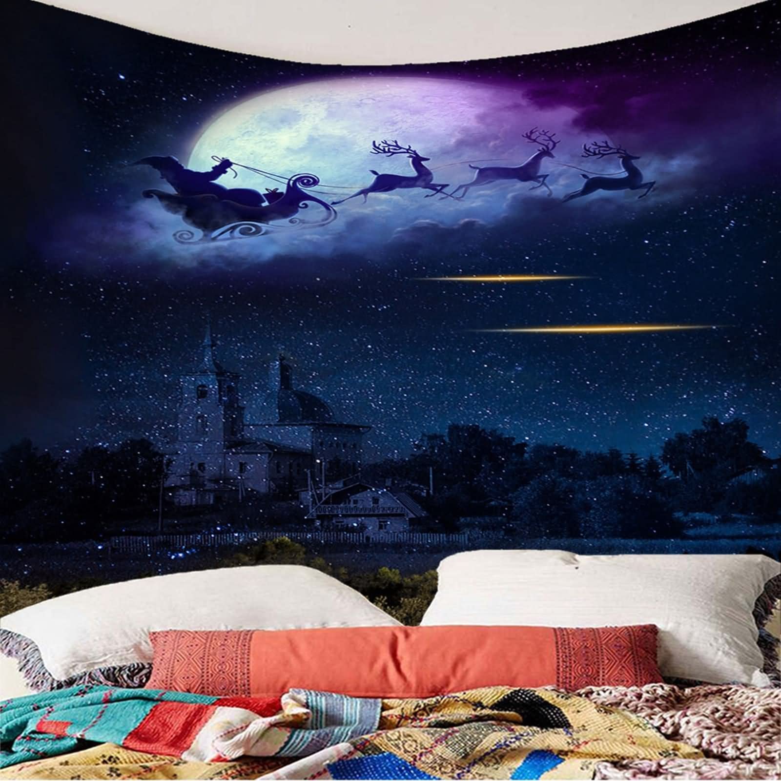 Wandbehang Weihnachten, Wandbehang Wohnzimmer Weihnachtsmann Elchschlittennacht Dunkelblau Polyester 350X256cm