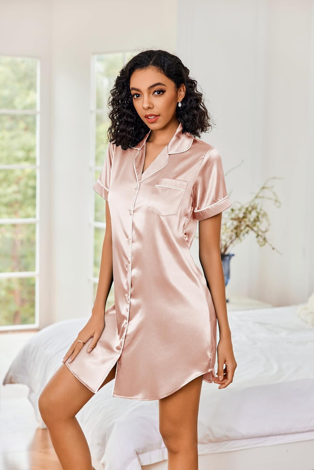Ekouaer Women's Satin Nightshirt Button Down Sleepshirt Silk Short Sleeve Nightgown Boyfriend Notch Collar Sleepwear - Image 4