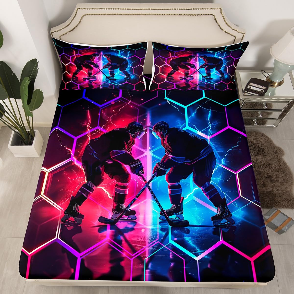 jejeloiu Ice Hockey Bedding Set Queen Size Kids Hockey Player Fitted Sheet for Boys Girls Teens Winter Event Ball Bed Sheets Set Soft Microfiber,No Flat Sheet