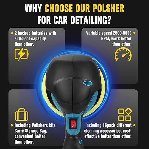 Miniatura 2 de Pulidora inalámbrica para automóvil, doble acción para detalles de automóviles con 2 baterías recargables de 12 V, 6 velocidades variables y 18