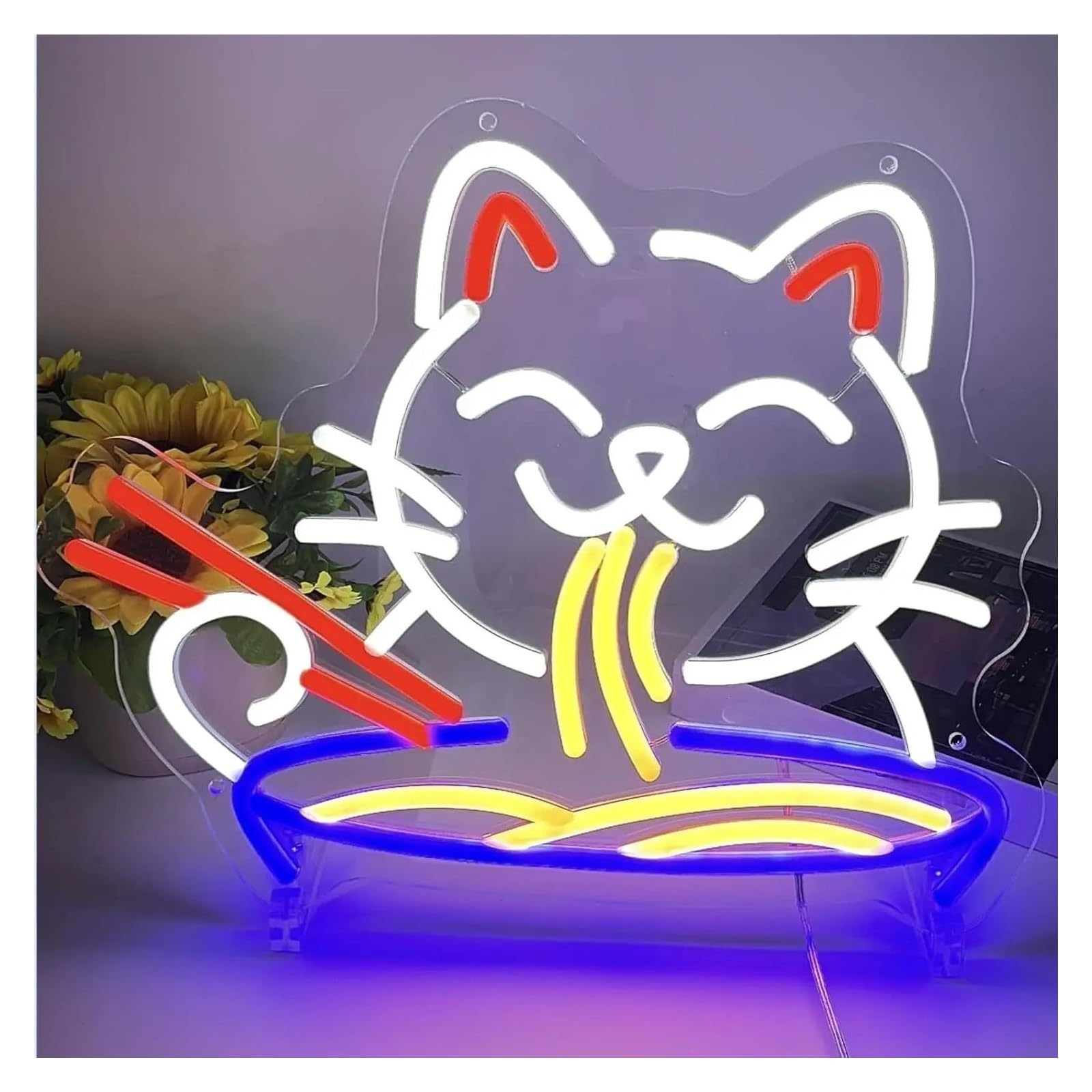 SHOUXI Sign Lamp Lucky Cat Ramen Neon Sign USB Dimmable Japanese Noodle Light for Kitchen Restaurant Bar Party Decor Signs Illuminated 37cmx30.5cm