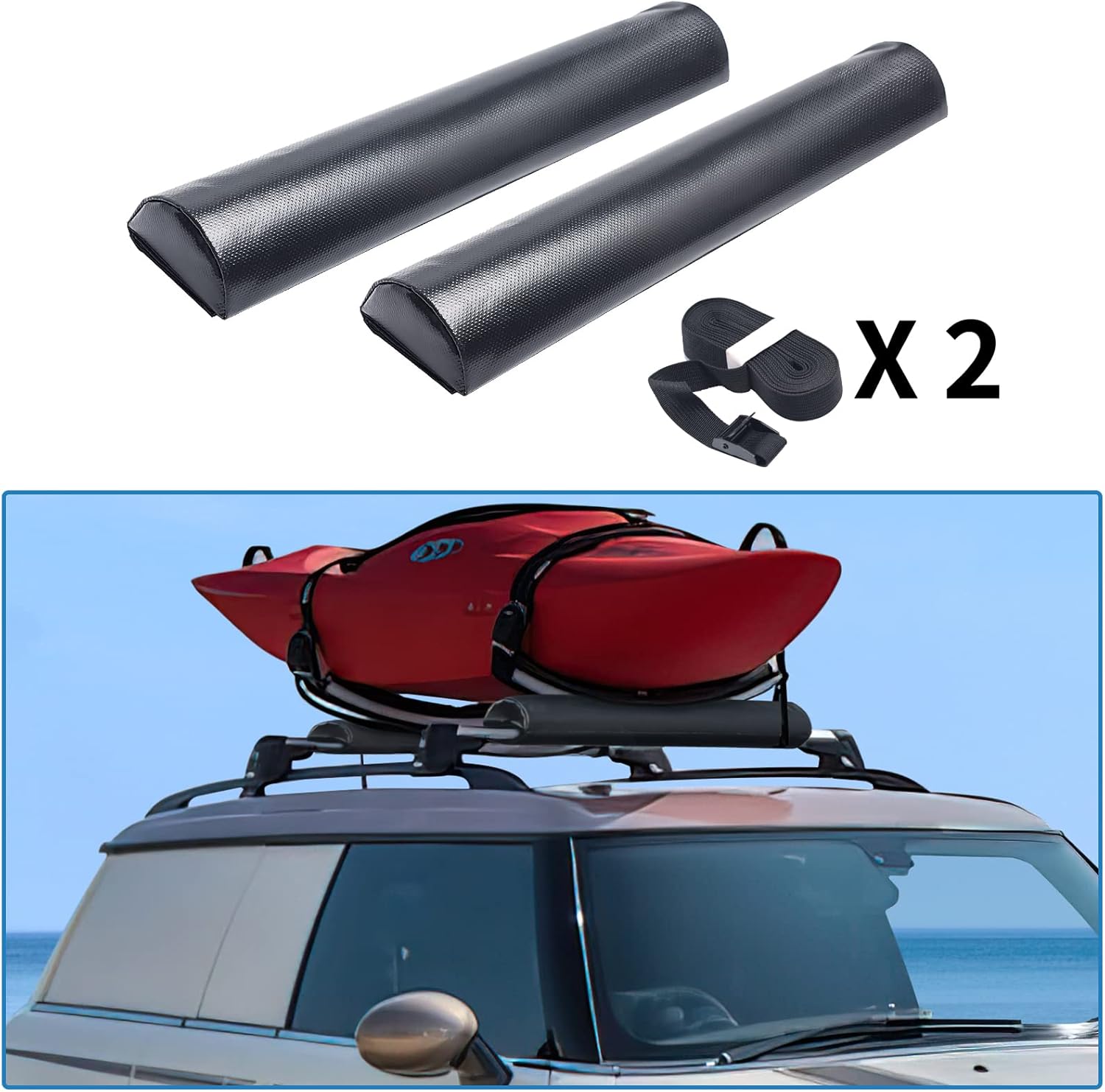 Amazon MONOKING ルーフラックパッド 19インチ エアロクロスバーパッド ストラップ付き サーフボードラックパッド 滑り止め