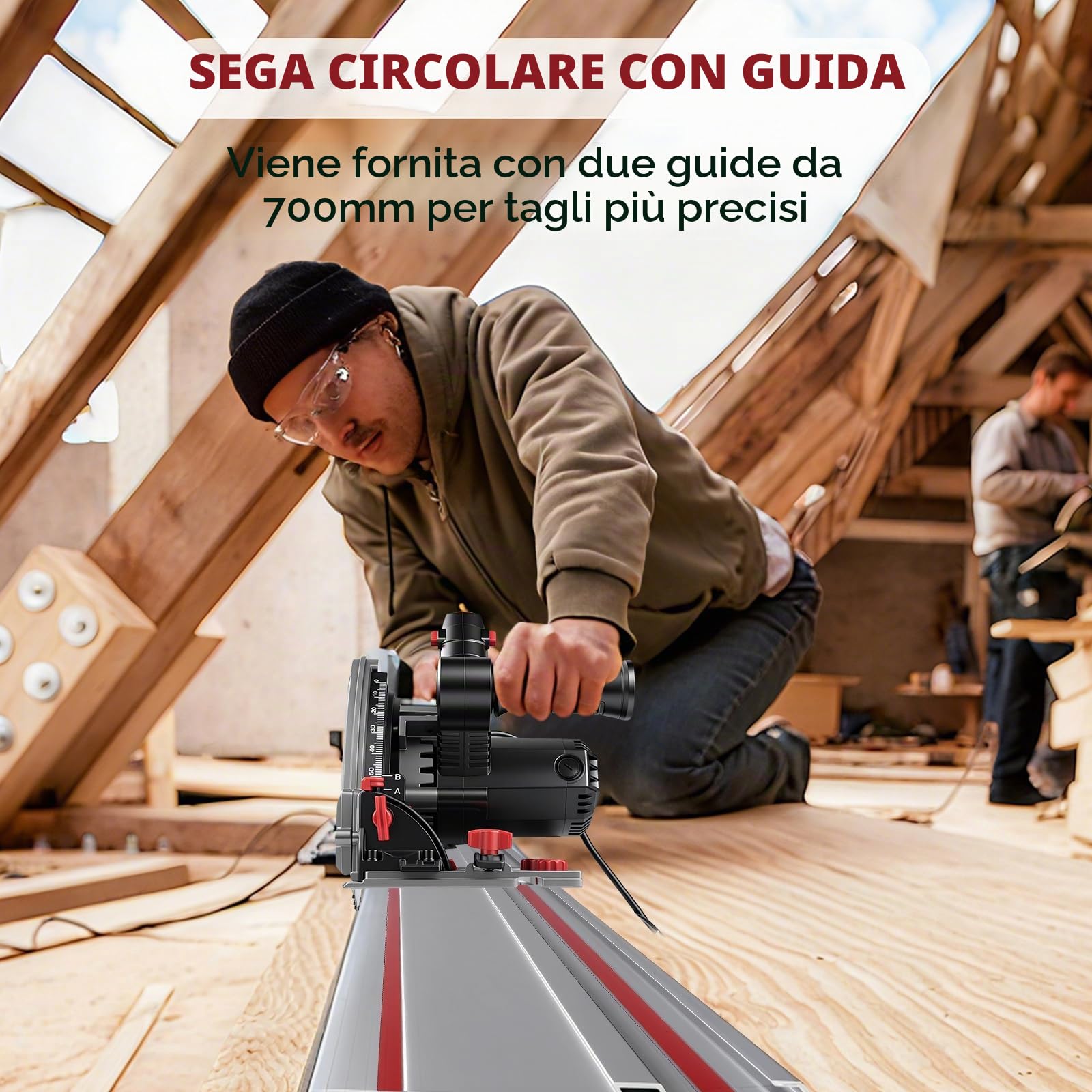 Sega ad immersione con guida da 2x700mm, sega circolare manuale da 1200W, profondità di taglio 57mm, inclinazione di taglio da 0 a 45°, Ø165mm 40 denti, per legno duro, compensato, laminato, altro