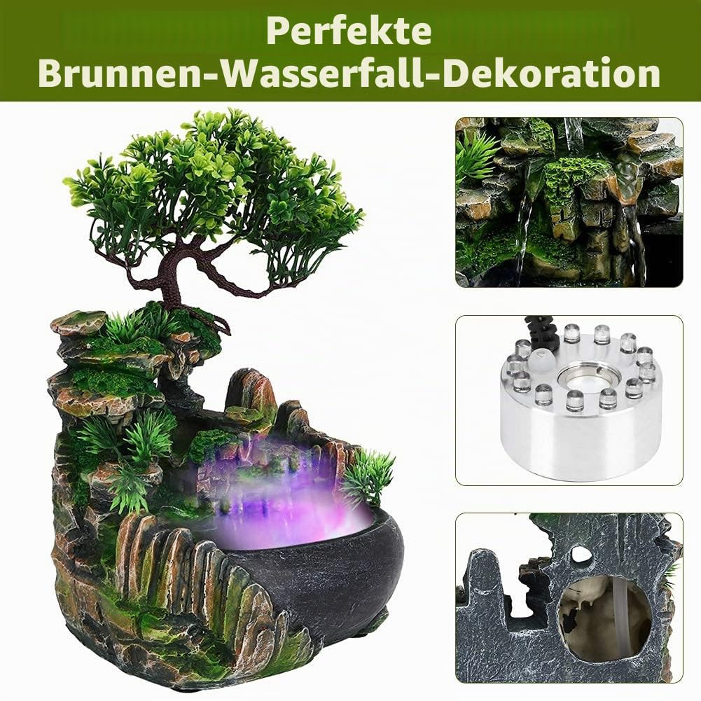 Zimmerbrunnen Tischbrunnen LED Springbrunnen mit Pflanzen Wasserfall Zimmer Brunnen aus Polyresin mit Pumpe Wasserbrunnen Water Fountain für Zimmer Terrarium