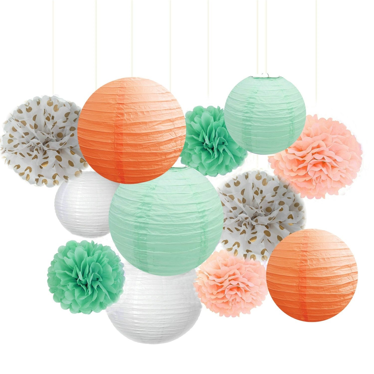 Fascola Pack of 12 Peach Mint Tissue Pom Poms Paper Lanterns and Polka Dot Paper Garland for Birthday Wedding Party Supplies,Gril Baby Shower Decorations