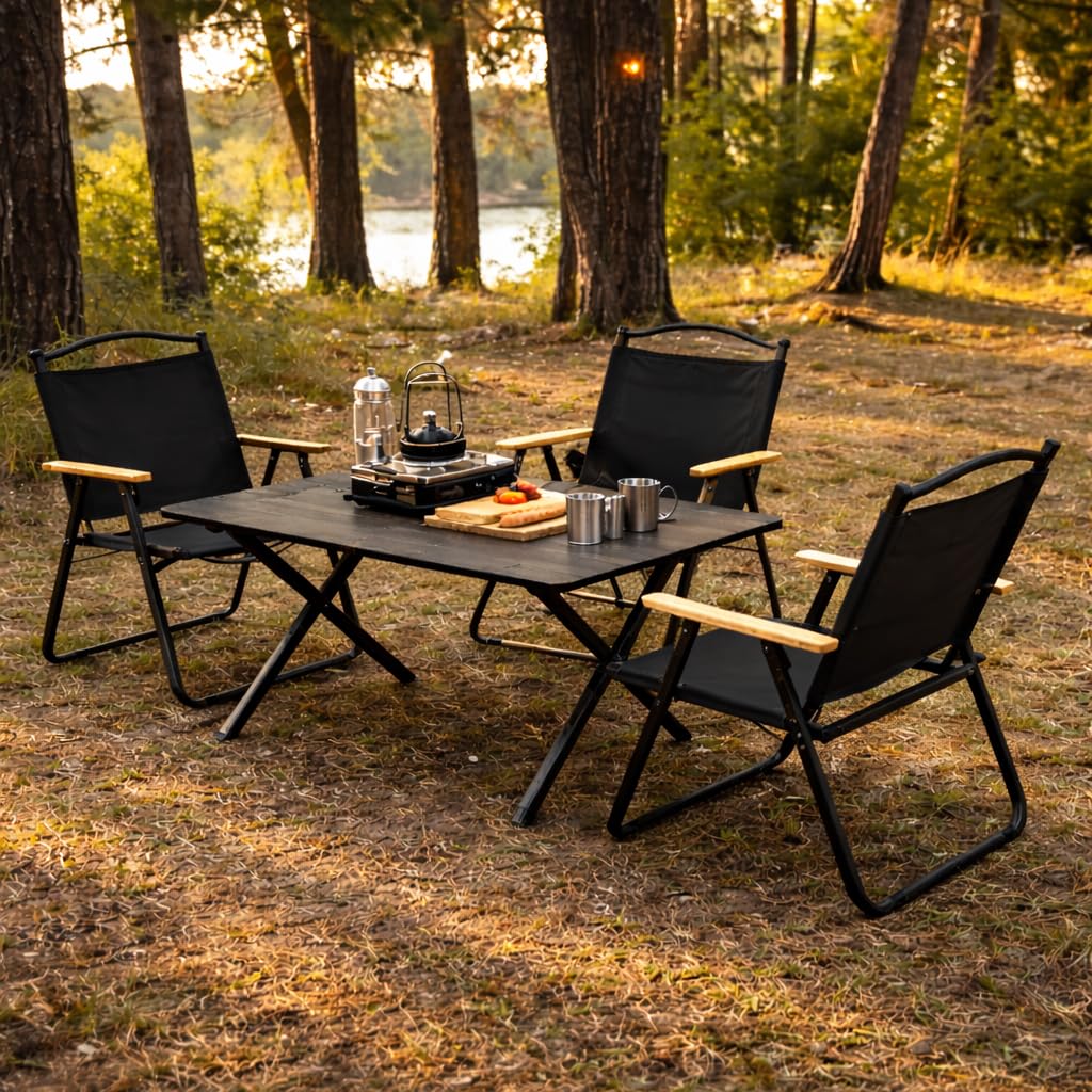 Camping Tisch mit 4 Stühlen Set – 120x60 cm Klapptisch faltbar, 4X Campingstuhl klappbar, Stahlrahmen & Oxford-Gewebe – Outdoor Möbel Set für Camping, Vanlife, Garten, Festival