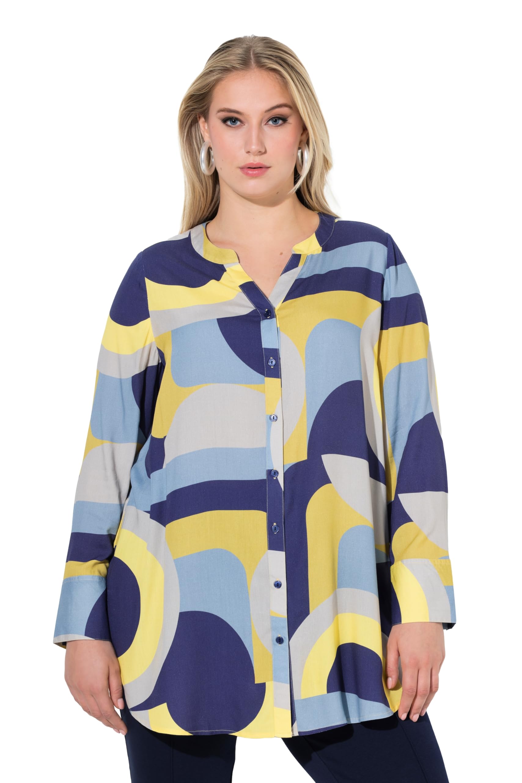 Ulla Popken Damen große Größen Übergrößen Plus Size Longbluse, grafisch, A-Linie, Tunika-Ausschnitt, Langarm 846280