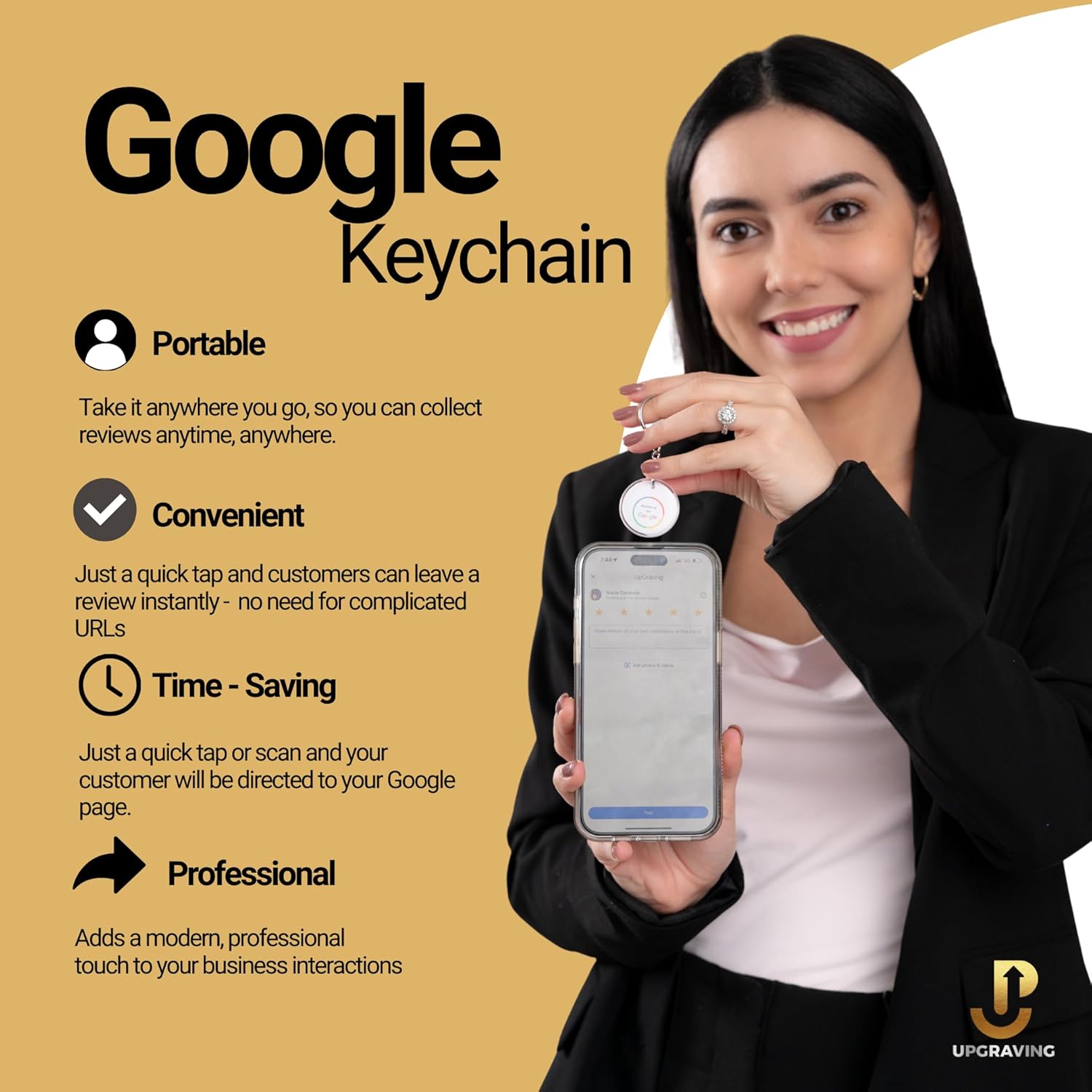 Smart Google Review Tap Keychain with QR Code for Instant Customer Feedback. Includes an NFC Tag for Direct Google Reviews. Compatible with iPhone and Android.
