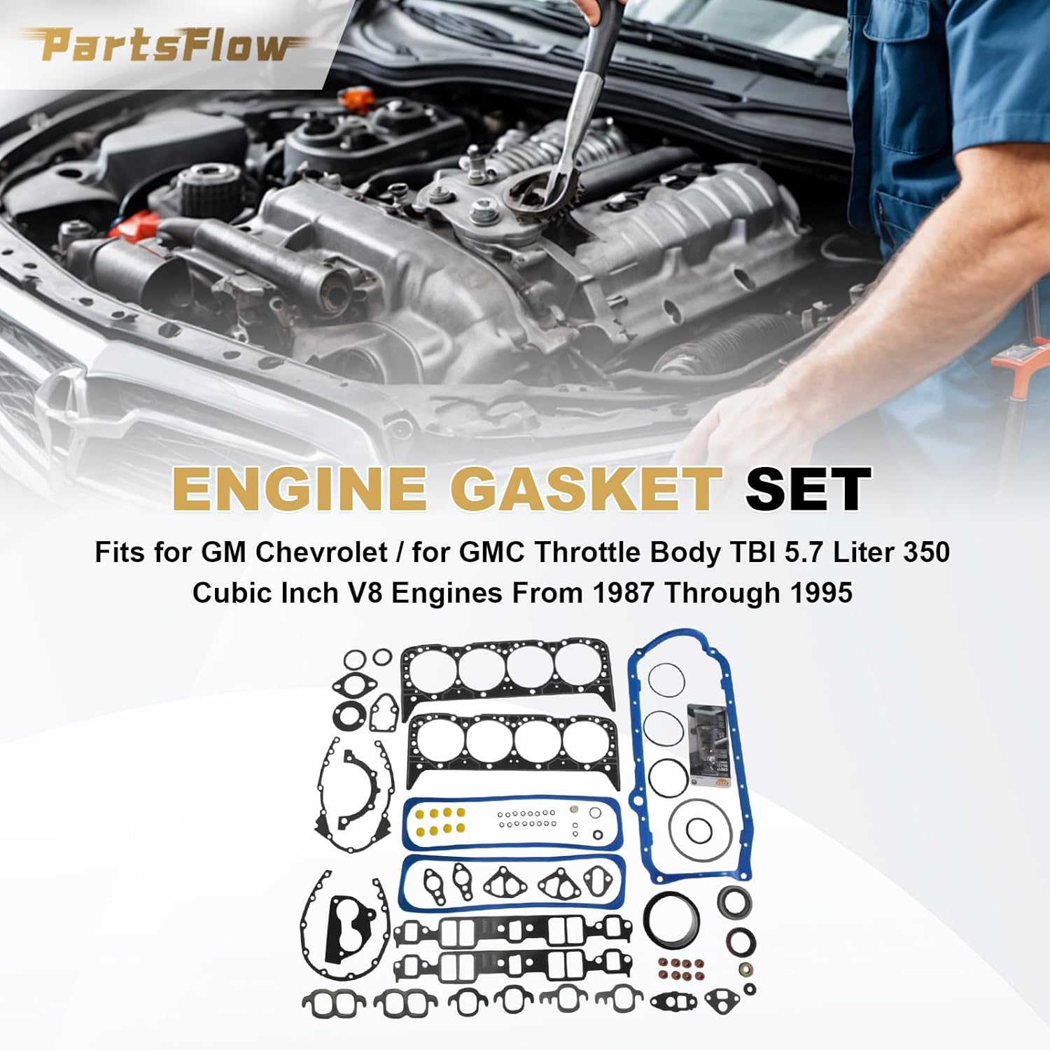 Partsflow Engine Gasket Set for GM for Chevrolet/for GMC Throttle Body TBI 5.7 Liter 350 Cubic Inch V8 Engines from 1987 Through 1995 OE#260-1269, KS2666