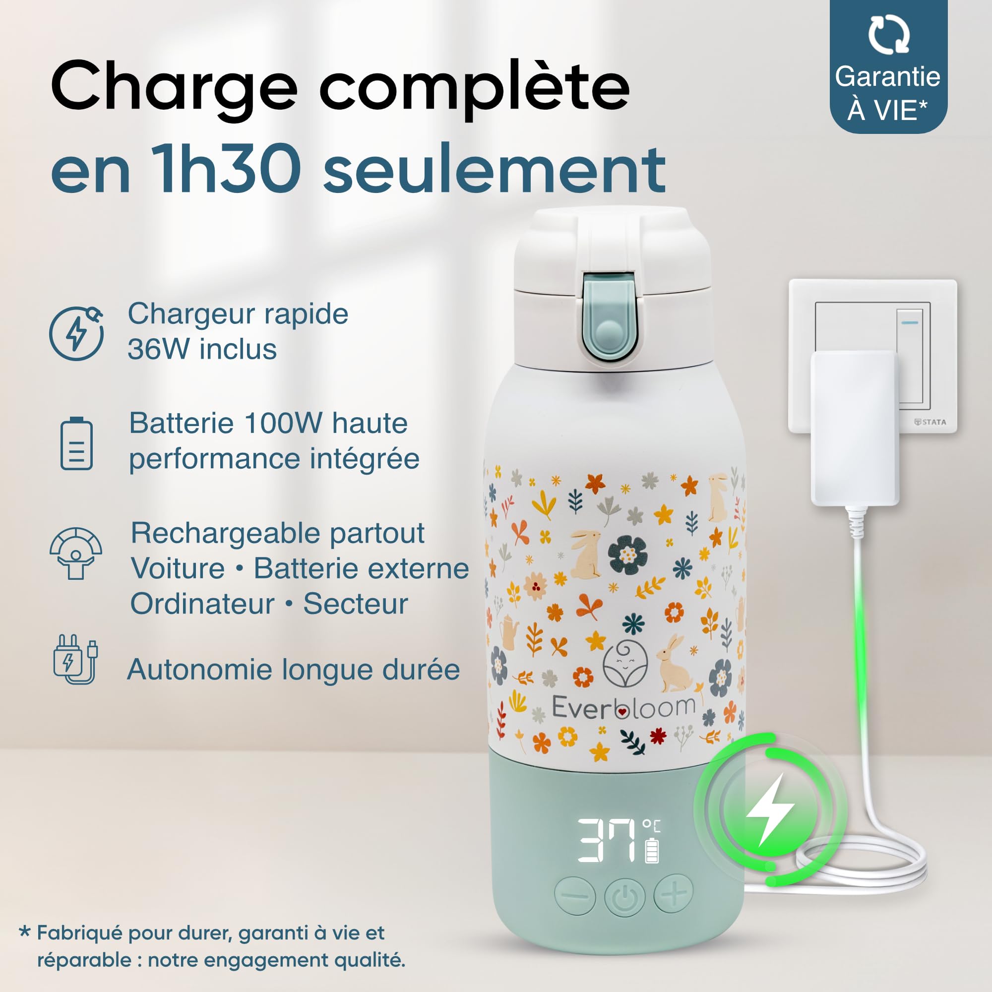 EVERBLOOM Chauffe Biberon Nomade Portable, Sans Fil, 500 ml, Chauffe Rapide | Pour lait maternel et infantile : chauffe en moins de 2 min,températures réglables au degré près, idéal voyage et voiture.
