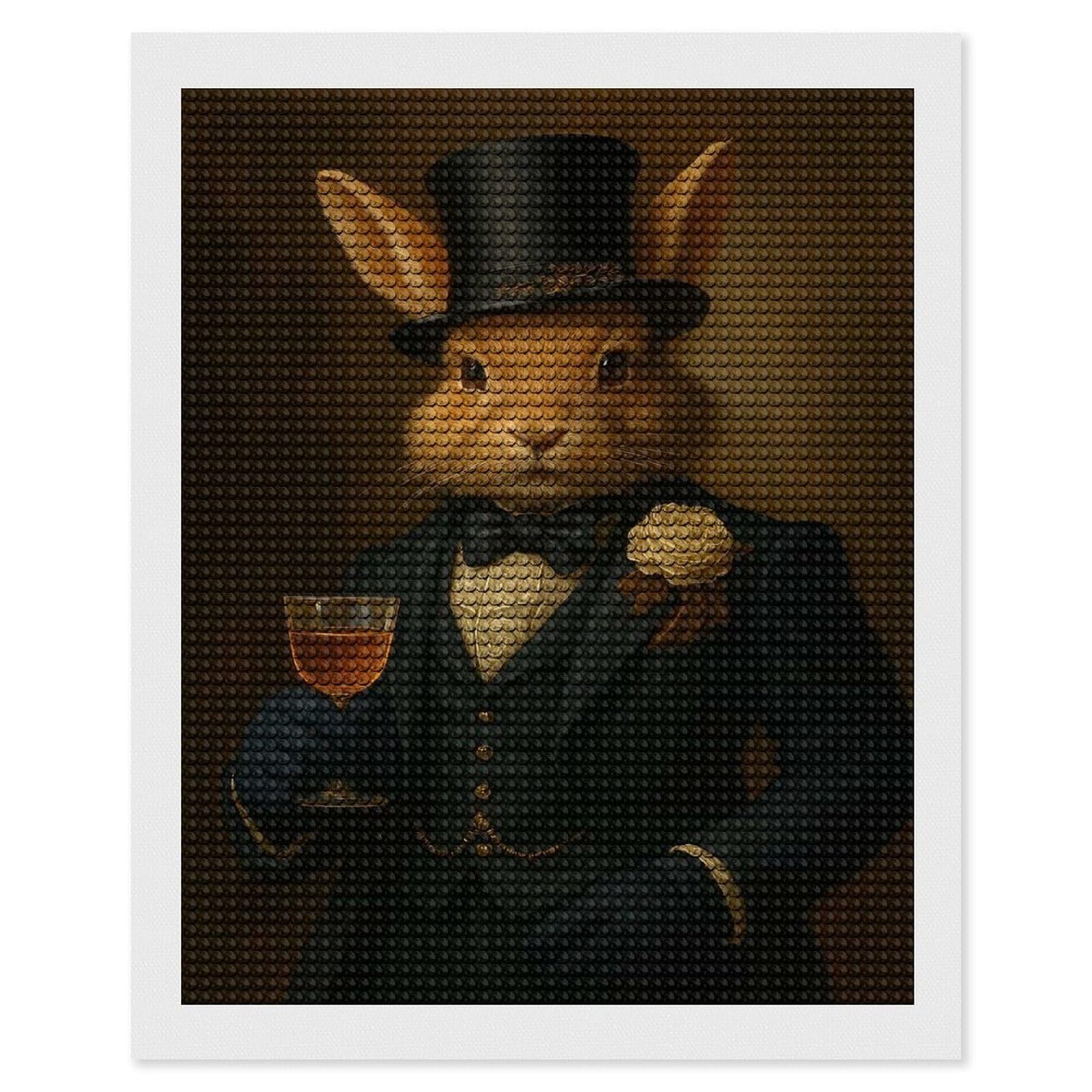Junmoney Dapper Rabbit Portrait with Drink Diamond Painting Kit 16"x20", Easy Handmade Project, Cosy Home Accent, for Craft Lovers, Holiday Gift Idea