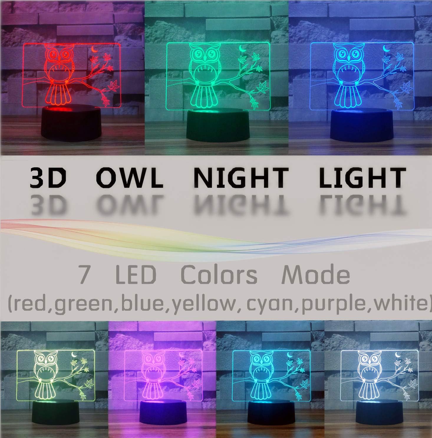 i-CHONY Owl Gift 3D Illusion Night Light Birthday Gift Lamp 7 Colors Gradual Change Touch Switch Table Desk LED Light with USB Cable & ABS Base Gift for Women Teens Girls Boys Kids