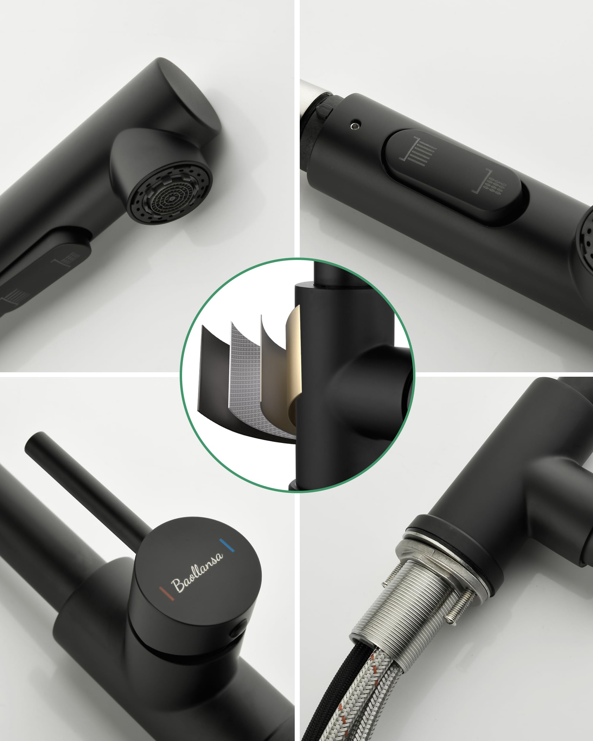 Mitigeur de cuisine extractible Baollansa, acier inoxydable, haute pression, douchette, 2 jets, pivotant 360°
