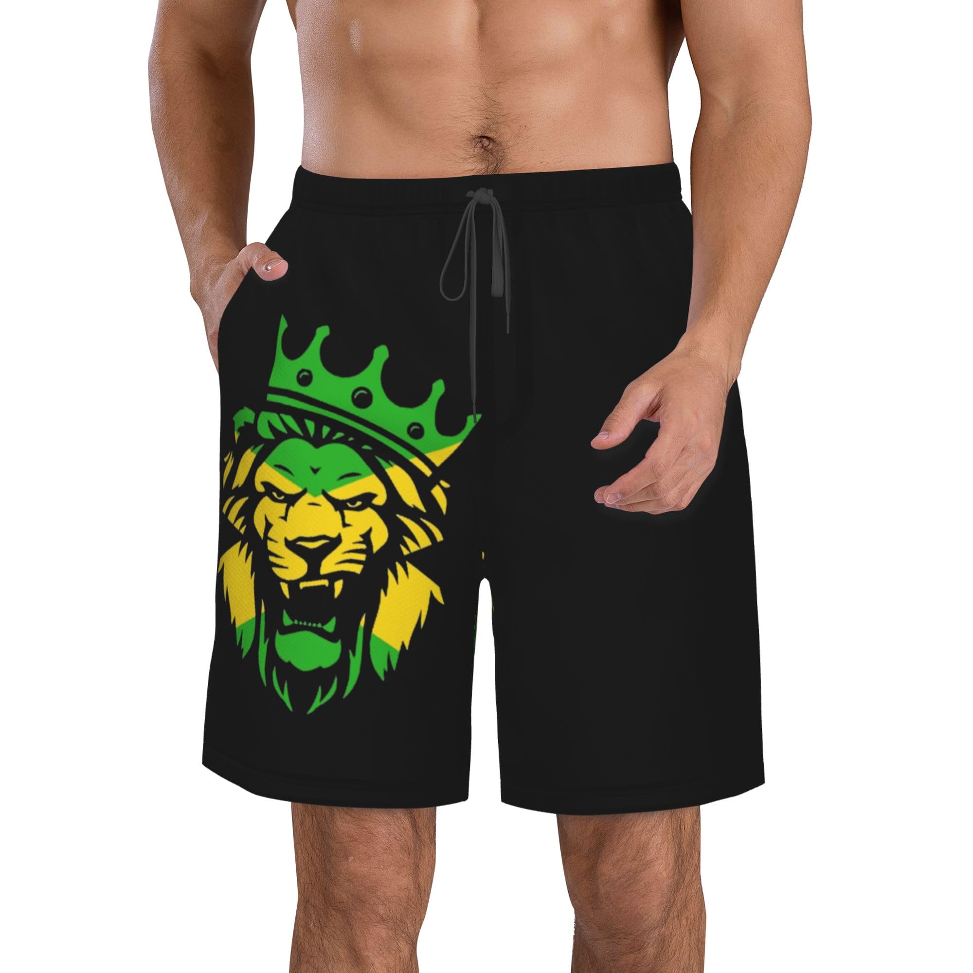 AOOEDM Jamaica Rasta Lion Men's Beach Shorts with Pockets Summer Board Shorts Bathing Suits