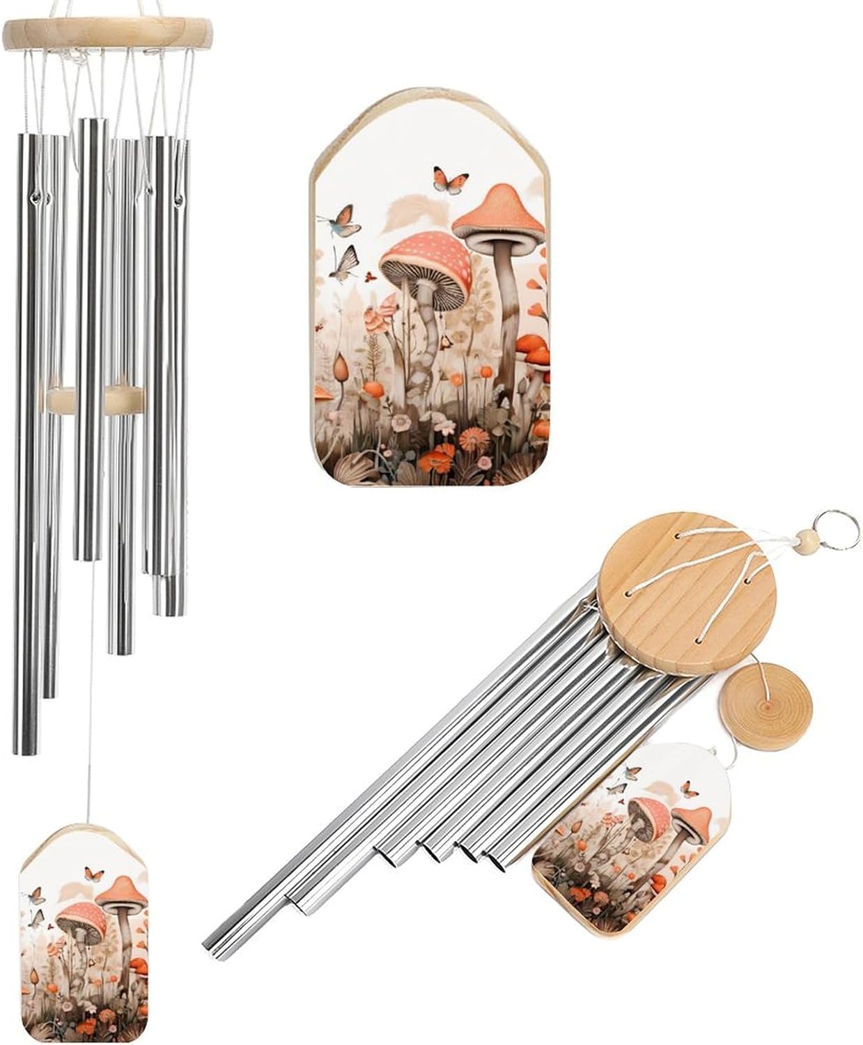 Mushrooms Butterflies Wooden Wind Chimes Deep Tone Memorial Windchime for Outside Garden Home Decoration