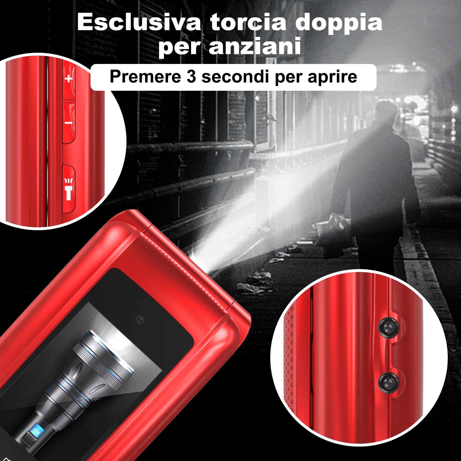 CHAKEYAKE 4G Telefono Cellulare per Anziani,Dual SIM, Flip Telefoni Cellulari con Tasti Grandi, Funzione SOS, Volume alto, 2.4"+1.77" Doppio Display, Torcia, Base (Rosso)