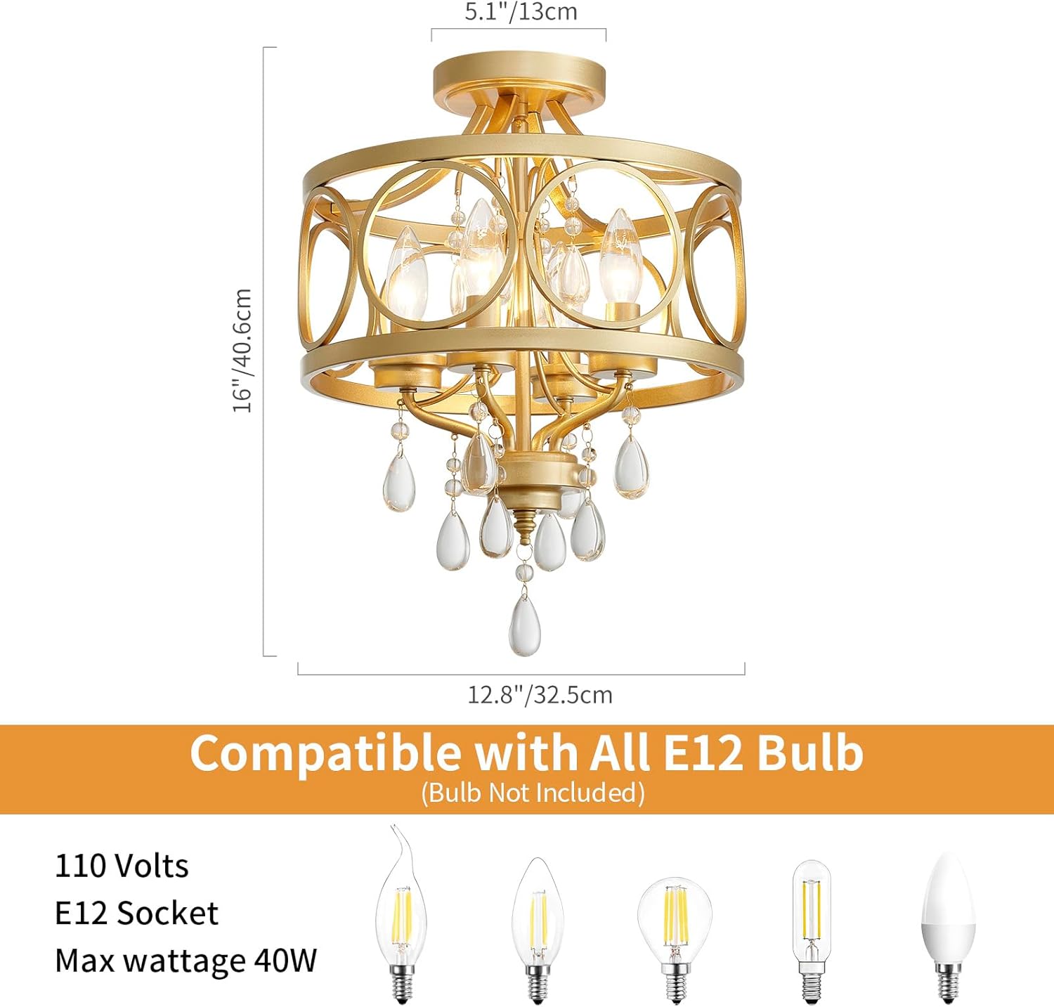 Crystal Ceiling Light Fixture, Modern Semi Flush Mount Ceiling Light, 4-Light Gold Round Crystal Chandelier Hallway Lighting Fixtures for Bedroom Bathroom Foyer Entryway Dining Room Kitchen
