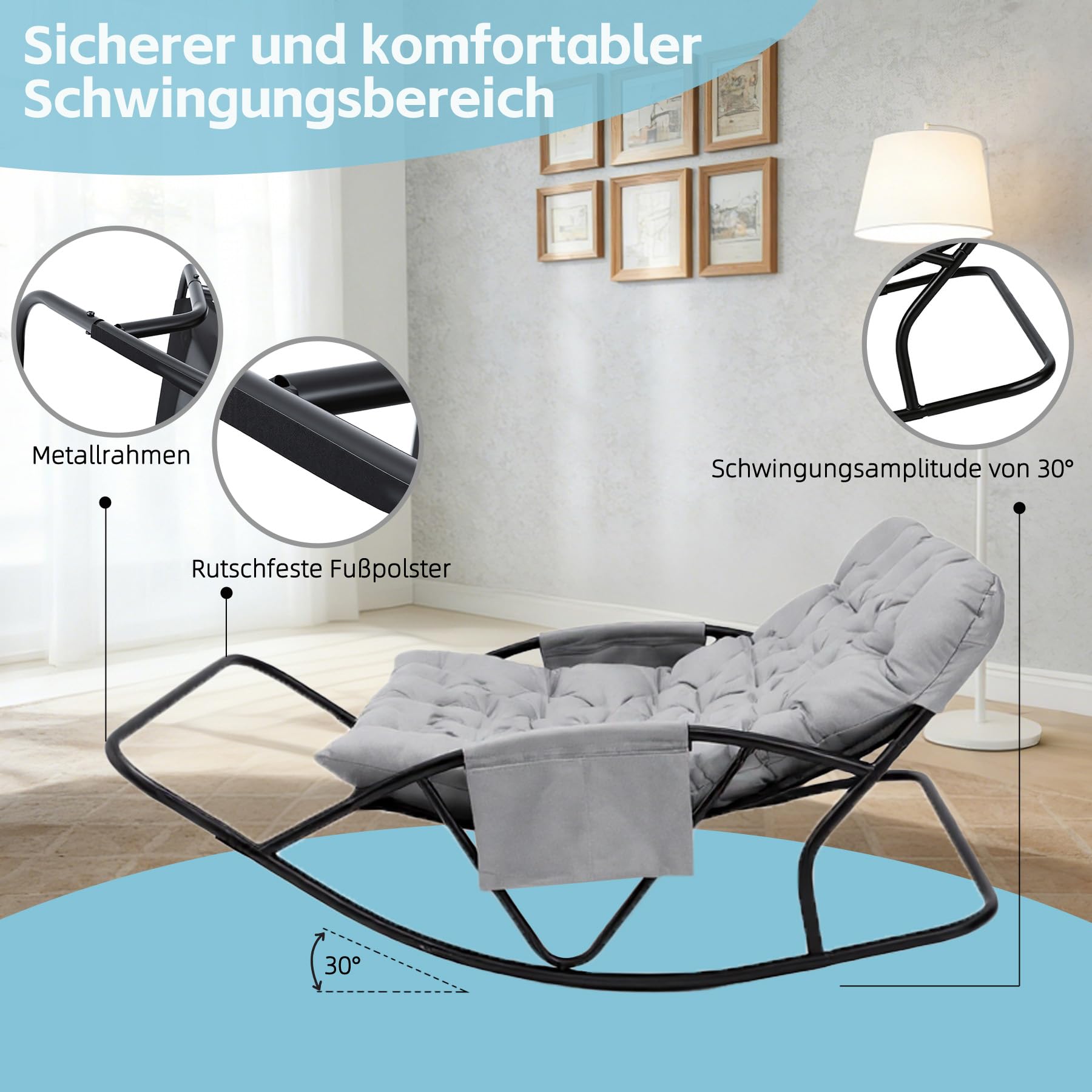 Fauteuil à Bascule Extérieur avec Coussin pour Deux, Support de Pied, Rocking Chair Papasan pour Chambre, Salon, Terrasse, Jardin, Balcon, capacité de Charge 240 kg,Tissu technologique,Gris