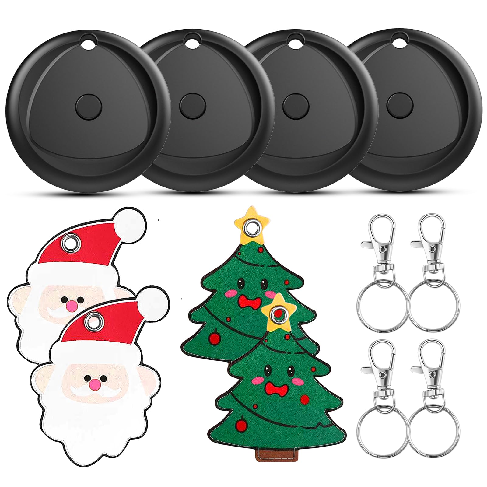 Tracker Tags-4 Pack and 4 Free Leather Keychain Holder (Christmas Series) Work with Apple Find My (iOS Only), Bluetooth Tracker Key Finder, Replaceable Battery Smart Tag for Keys, Wallet, Luggage etc
