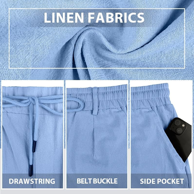 Mens Linen Shorts Casual Elastic Waist Drawstring Lightweight Vacation Summer Beach Shorts with Pockets - Image 6