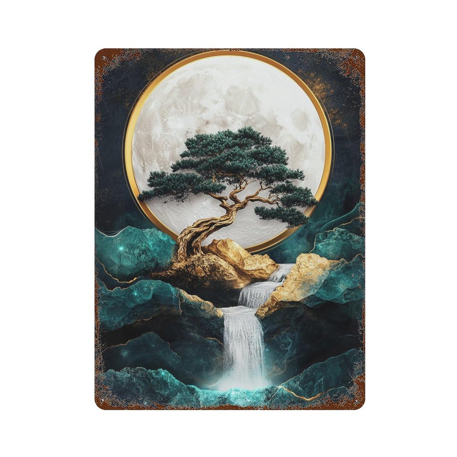 Full Moon Zen Garden -1 15.7"x11.8" Rustic Tin Plaque, Retro Wall Decor for Garage, Bar And Workshop Decor