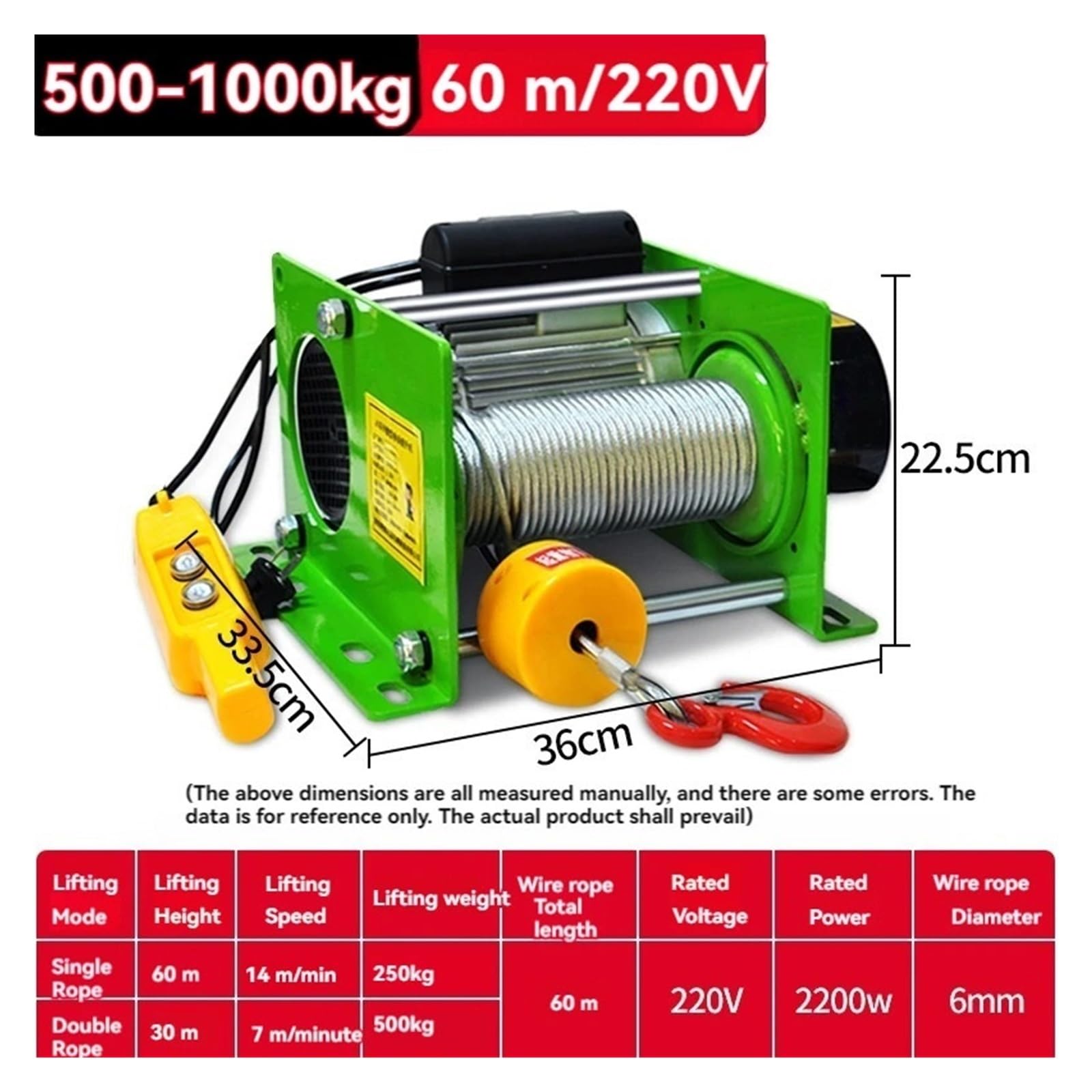 Verricello Elettrico Paranco 220V 500-1000KG Telecomando Senza Fili Gru Domestica Sollevamento Rapido Piccola Paranco Elettrico Telecomandato Verricello
