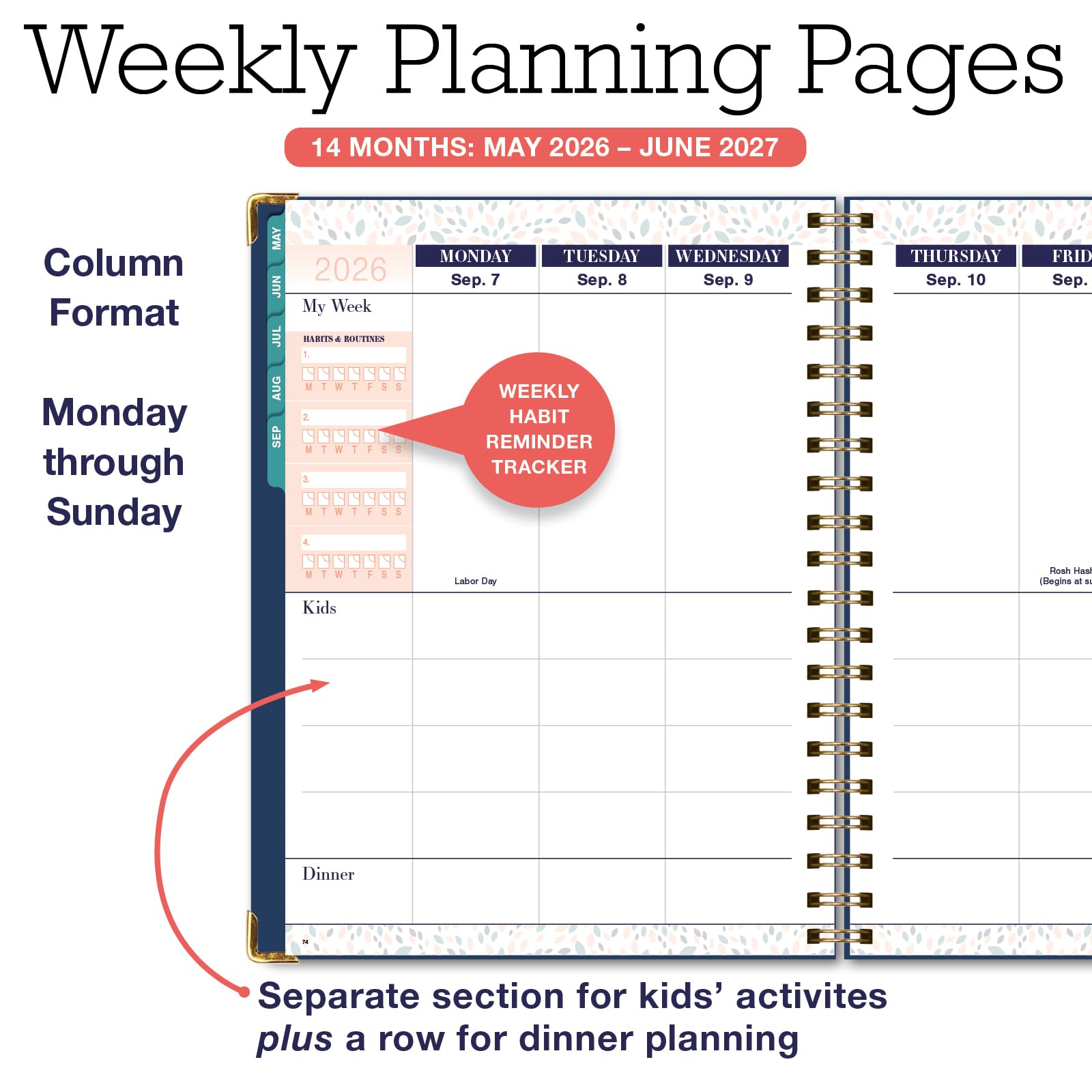 Familienplaner-Organizer – 21,6 x 27,9 cm Wochen- und Monatskalender (Mai 2026–Juni 2026). Für 5+ Personen, Mahlzeitenplanung, Budgetierung, Gewohnheiten-Tracker, Hardcover, Haushaltsplan-Organizer