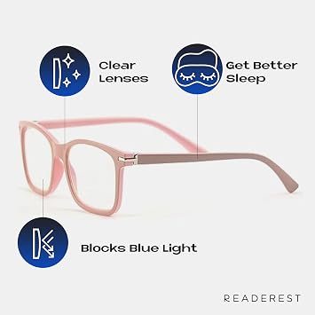 Readerest Blue Light Blocking Glasses Thin Reflective Lens, Anti-Glare Computer Eyeglasses, UV Protection, Eye Strain Relief (Beige/Pink, 0.0 Magnification)