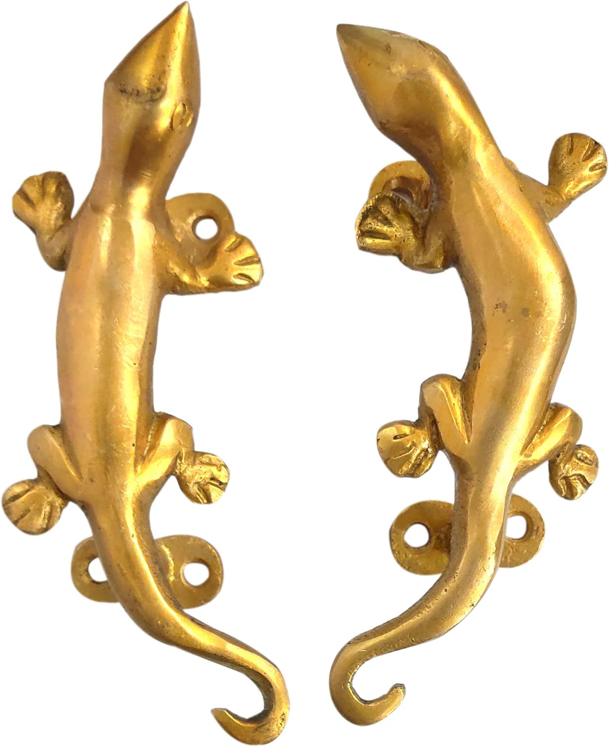 Purpledip Brass Handle Set of Two Gecko Lizards: Lucky Charm Design Grips for Doors or Windows (12052)