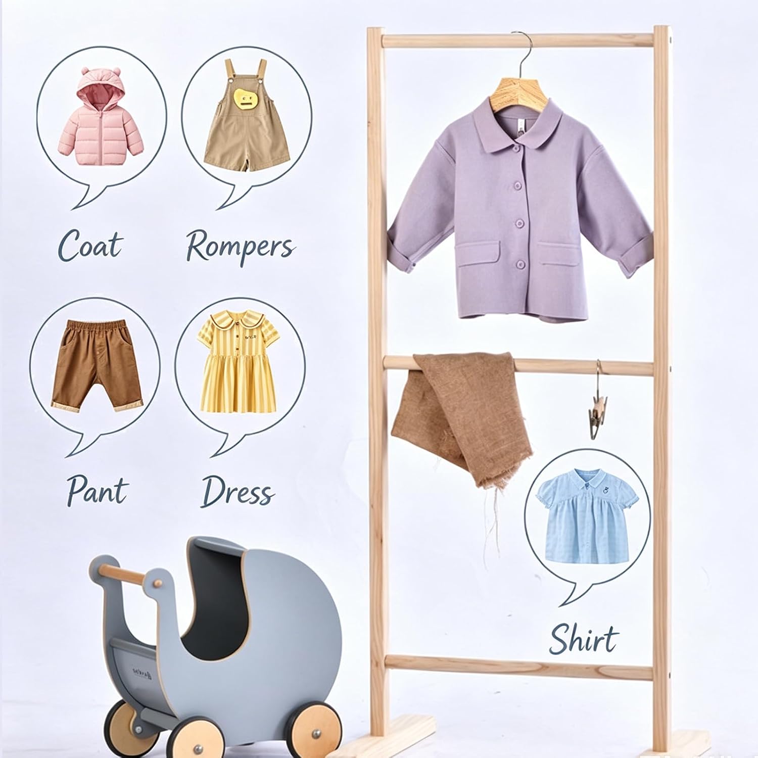 Natural 12.7" Ultra-Thin Wooden Kids Closet Hangers with Clips 12PCS Space Saving Heavy Duty Durable (Natural Hangers with Clips)