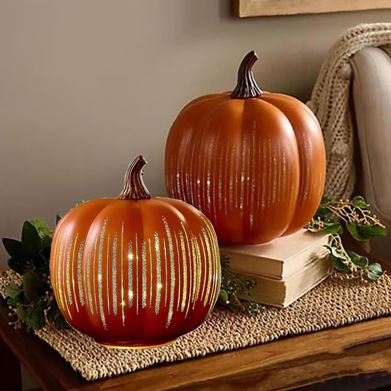 Muiltvoe Set of 2 Illuminated Starry Night Glass Pumpkins | Twinkle Light Pumpkins For Halloween Decor | Fall And Thanksgiving Decorations For Home Farmhouse Table Centerpiece