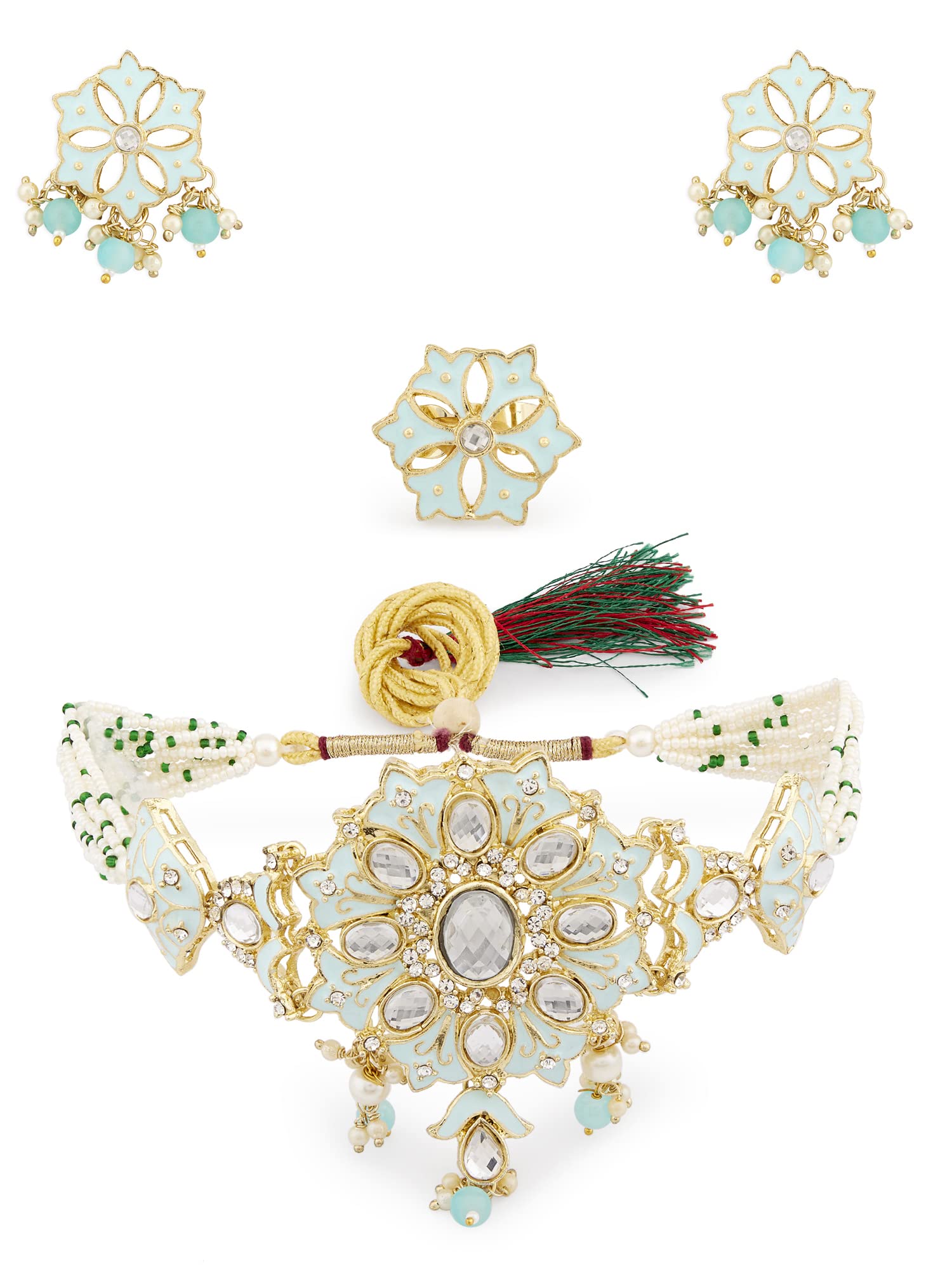 ZAVERI PEARLS Turquoise Meenakari Multistrand Kundan Choker Necklace Earring & Ring Set For Women-ZPFK13655 (B0B2LWQFCD) Amazon Price History, Amazon Price Tracker