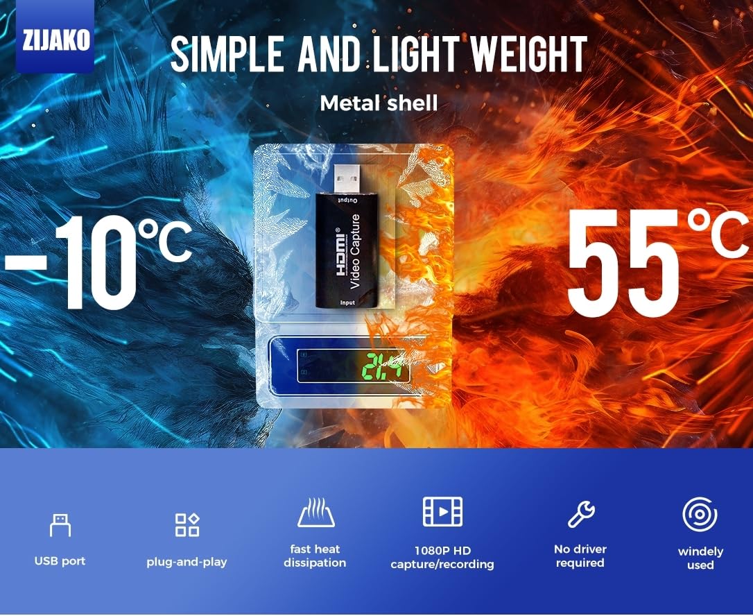 zijako 4K HDMI Video Capture Card USB 2.0 1080P for Streaming, Live Broadcast, Video Conferencing, Teaching and Gaming, with Extension Cord